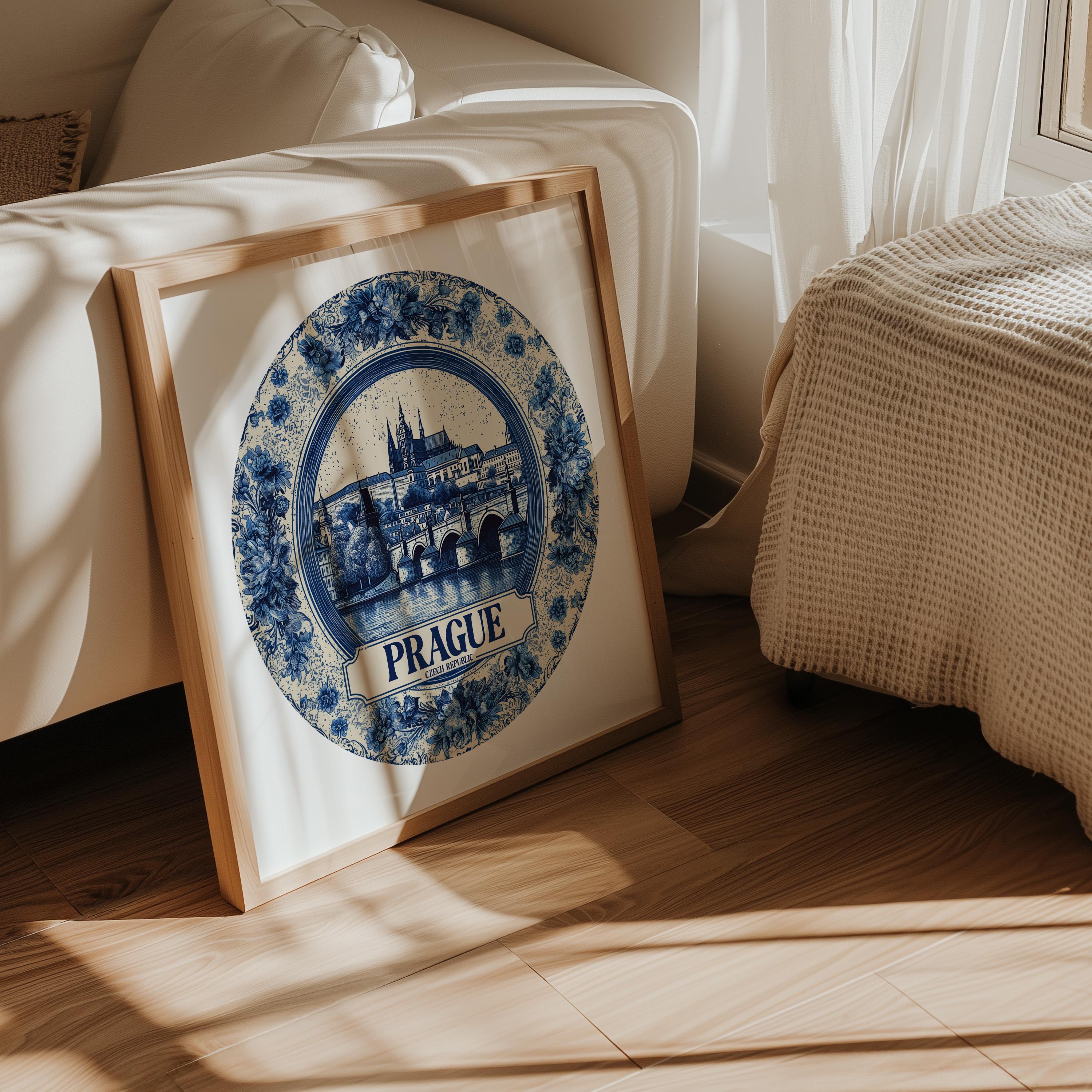 Prague Czech Republic Wall Art, Vintage Delft Blue Poster, City Print, Travel Home Decor