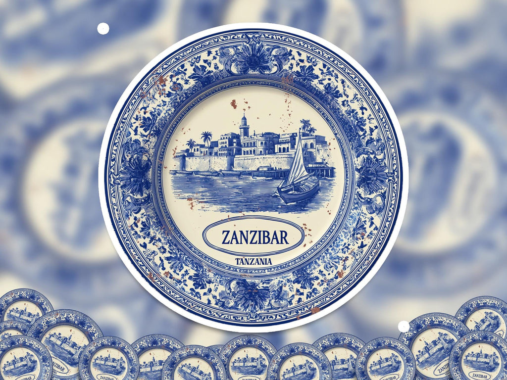 Zanzibar Tanzania Sticker Vintage Delft style, Delftware Decal Waterproof Vinyl, Blue City Travel