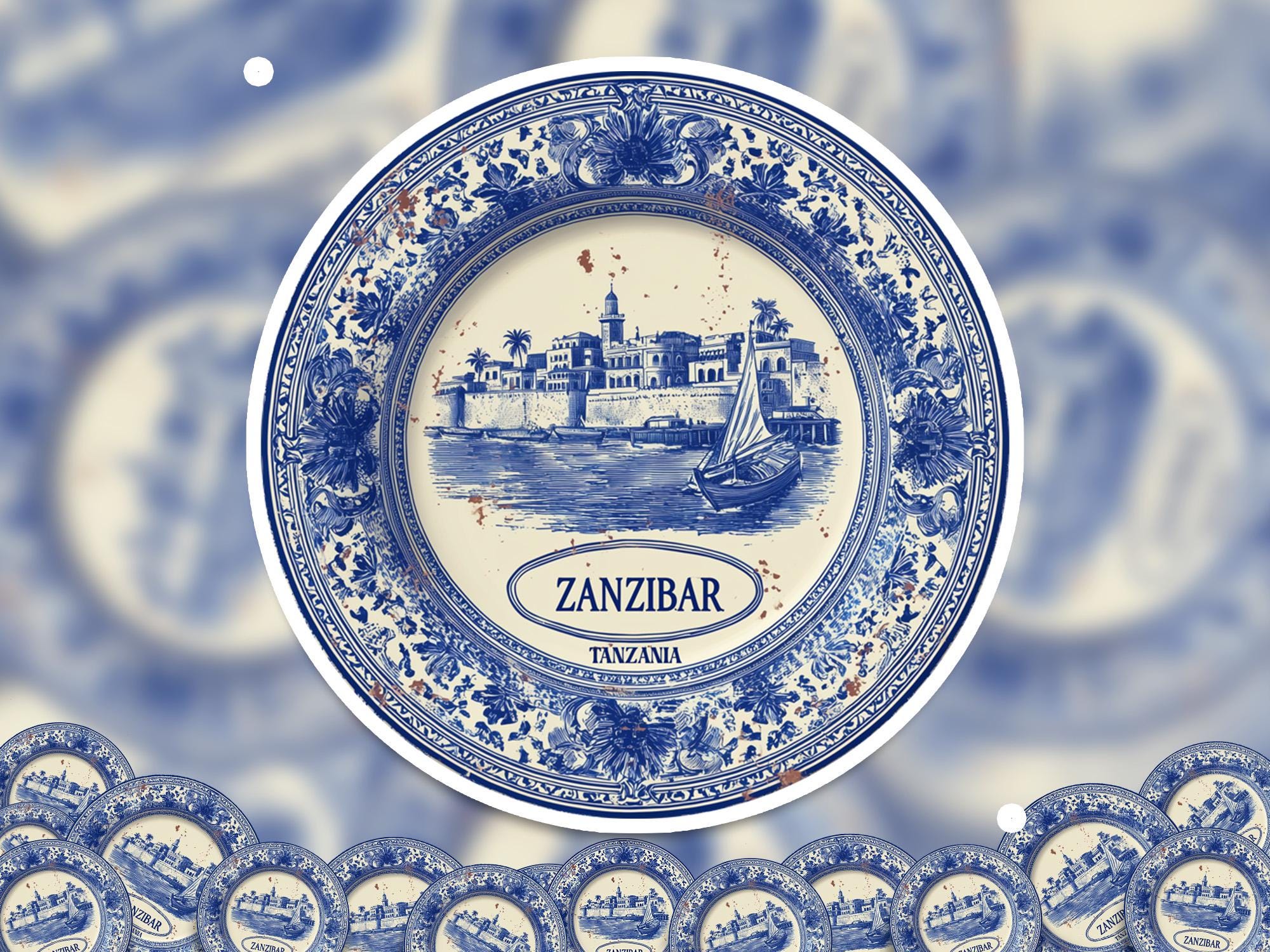 Zanzibar Tanzania Sticker Vintage Delft style, Delftware Decal Waterproof Vinyl, Blue City Travel