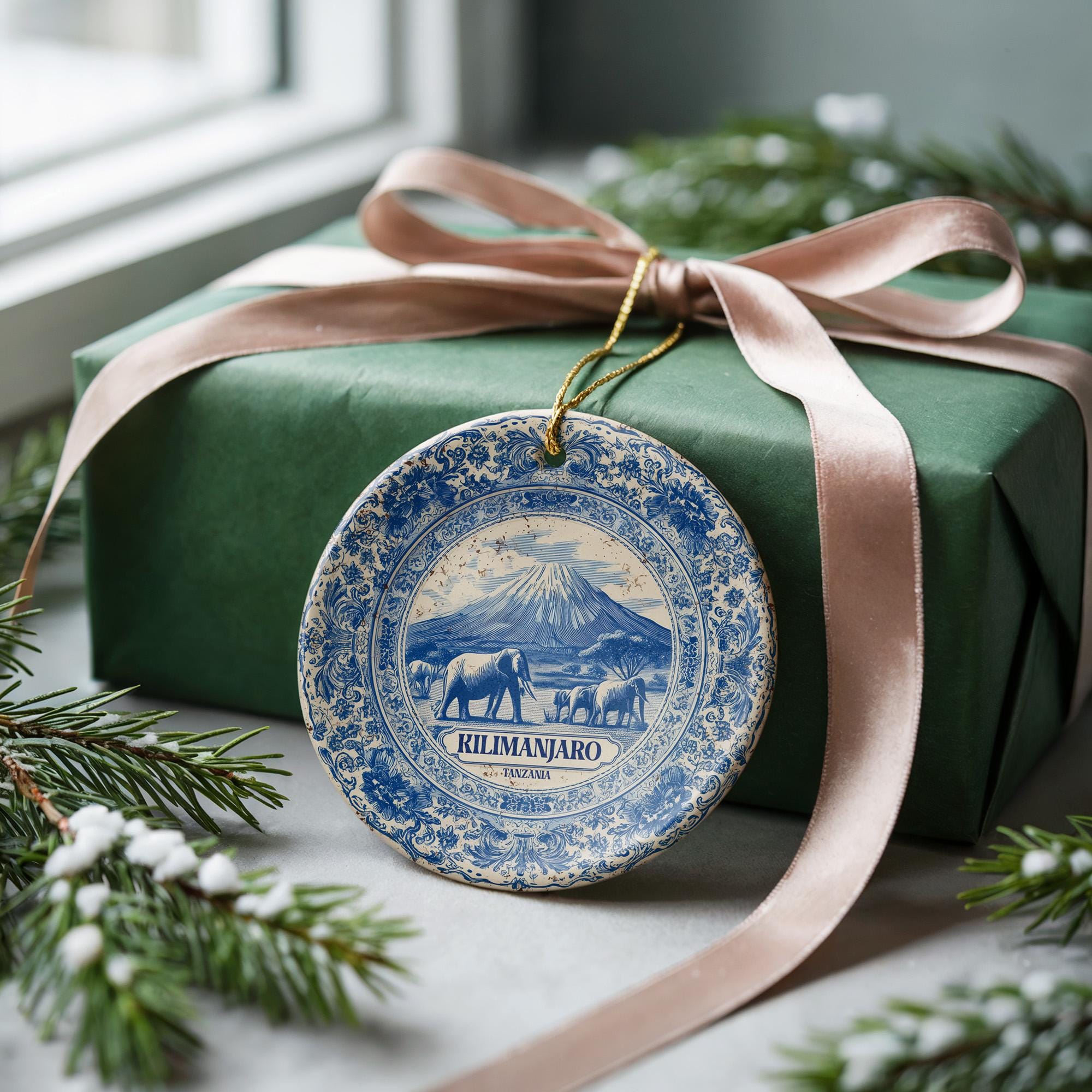 Custom Kilimanjaro Tanzania Ceramic Delft Ornament, Christmas Delftware Blue Delftware city travel