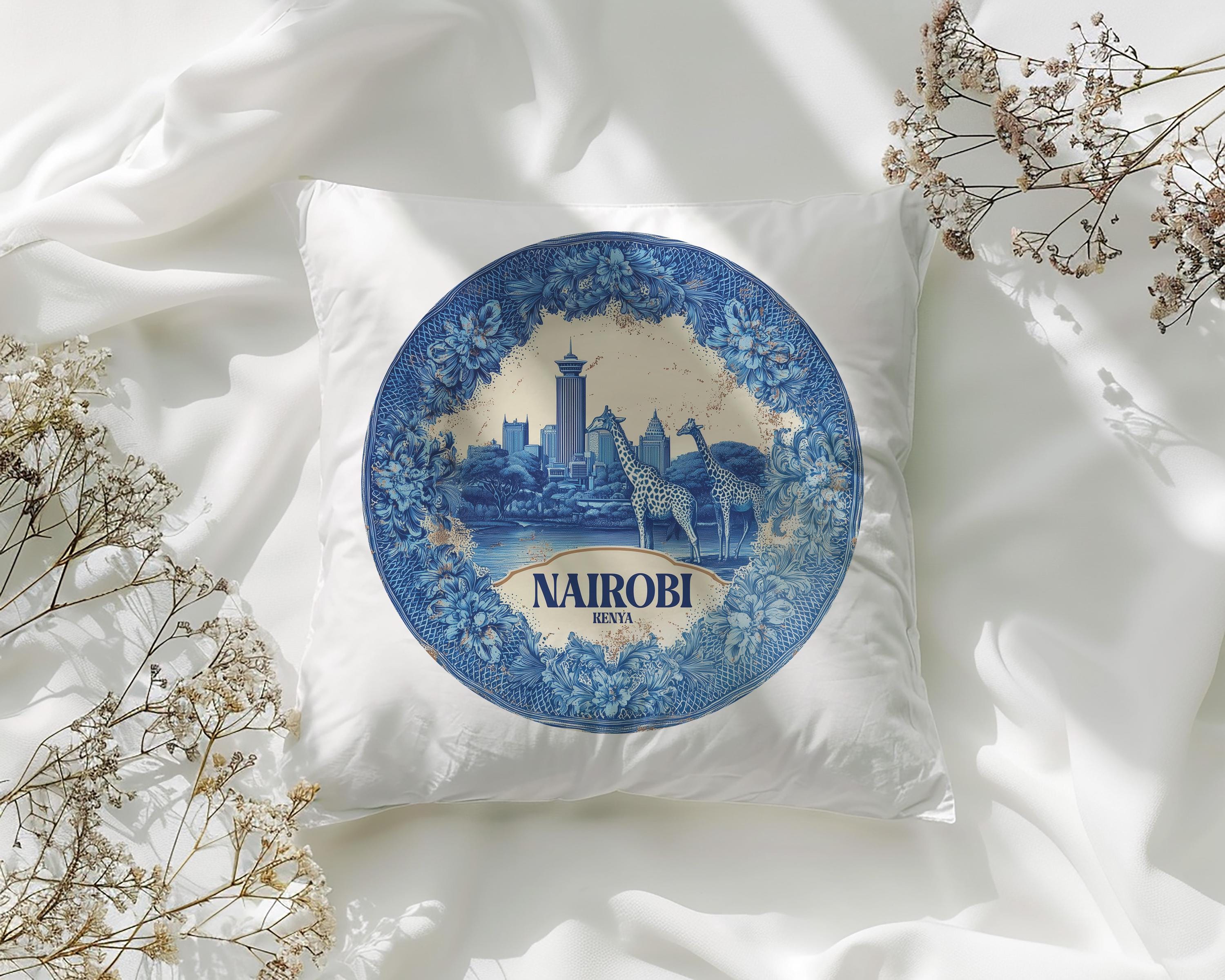Nairobi Kenya Pillowcase, Delft Style Decorative Throw Pillow, Vintage Cityscape Retro Home Decor