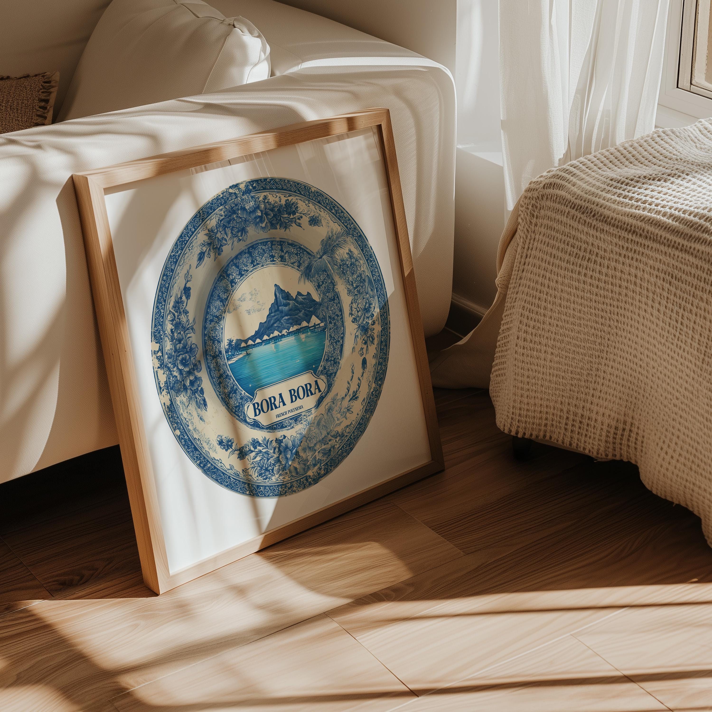 Bora Bora French Polynesia Wall Art, Vintage Delft Blue Poster, City Print, Travel Home Decor