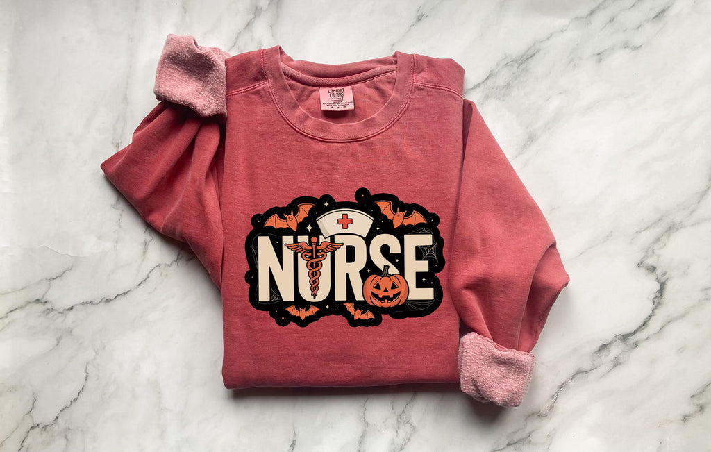 Halloween Nurse Comfort Colors Sweatshirt, Spooky RN Crewneck Pullover, Pumpkin Bat Ghost Design, Nurse Gift Fall Outfit
