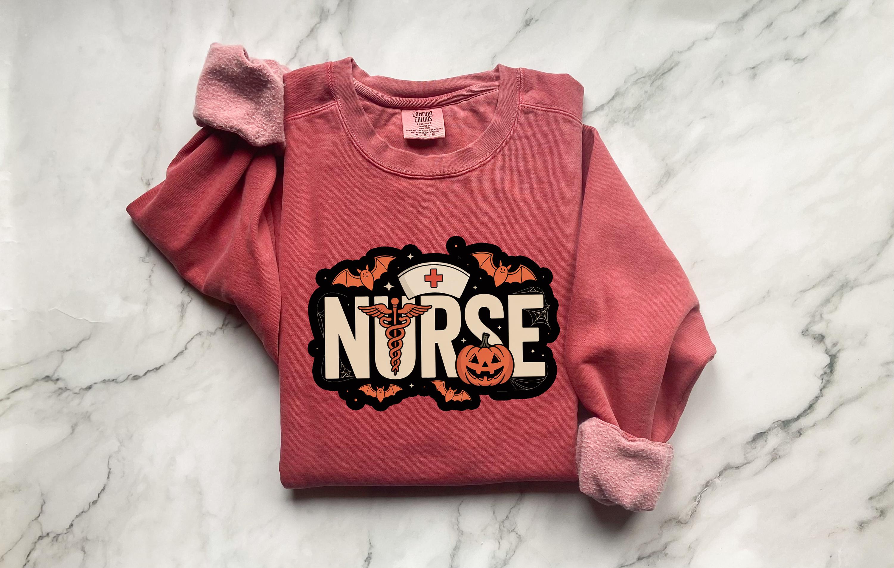 Halloween Nurse Comfort Colors Sweatshirt, Spooky RN Crewneck Pullover, Pumpkin Bat Ghost Design, Nurse Gift Fall Outfit