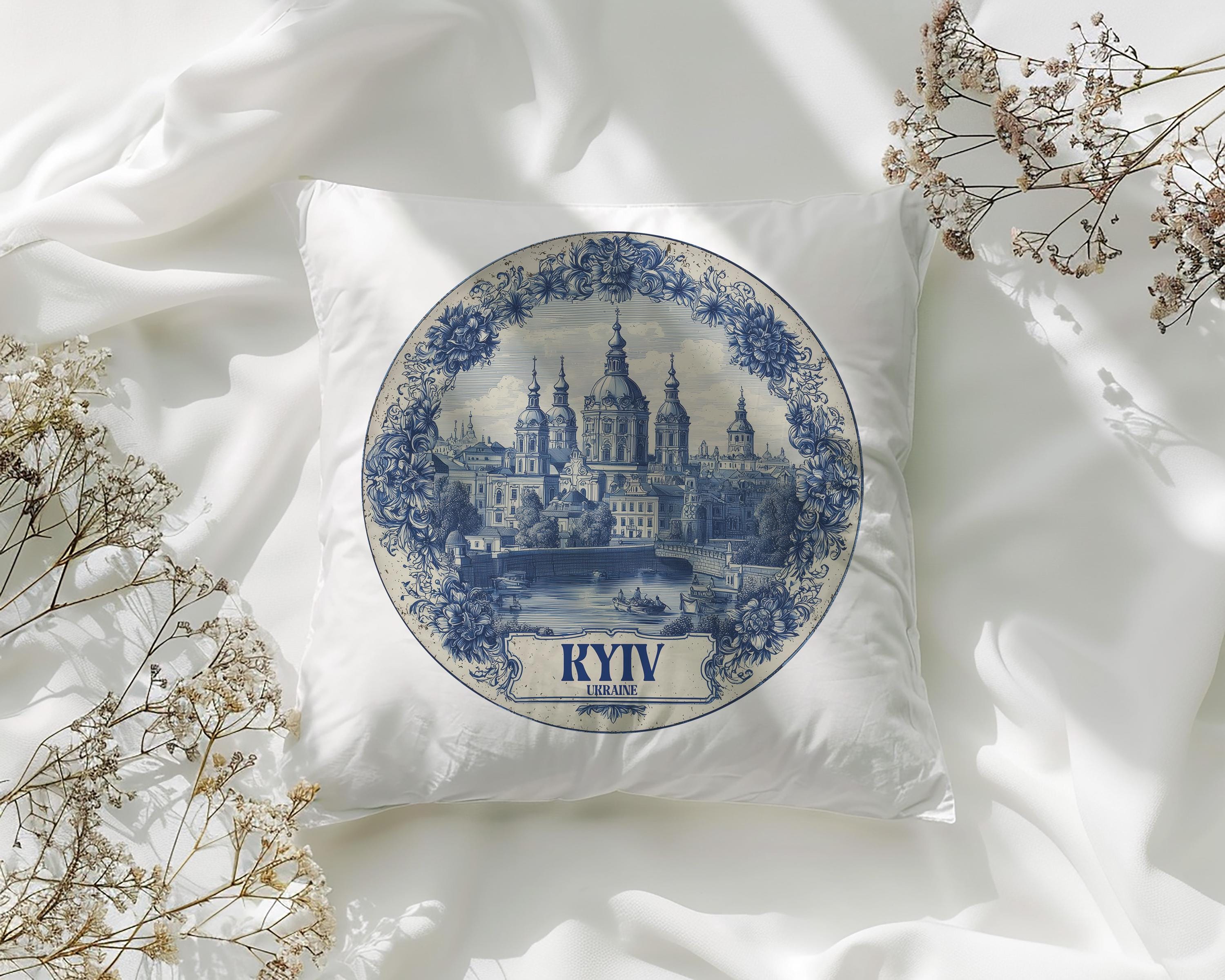 Kyiv Ukraine Pillowcase, Delft Style Decorative Throw Pillow, Vintage Cityscape Retro Home Decor