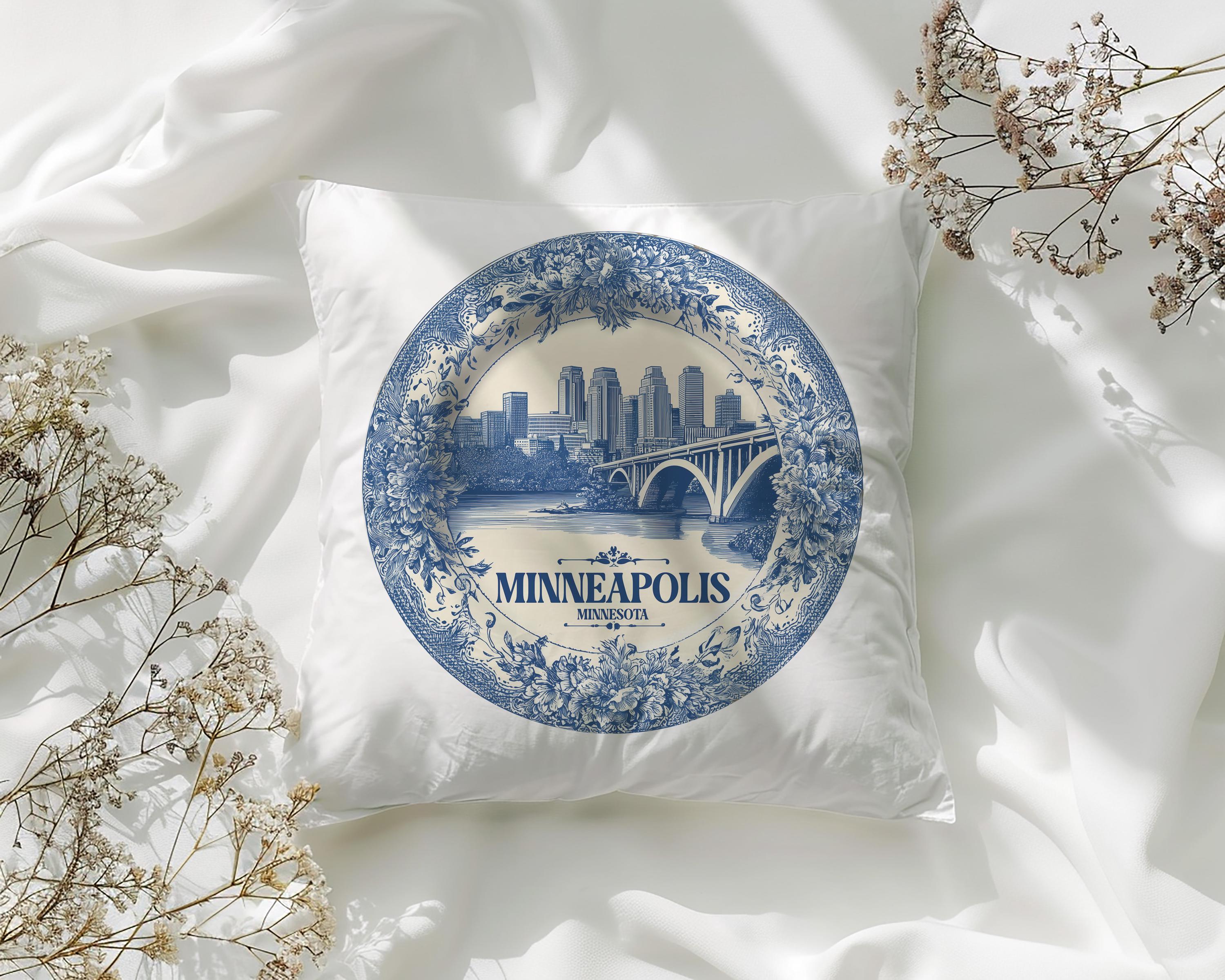 Minneapolis Minnesota Pillowcase, Delft Style Decorative Throw Pillow, Vintage Cityscape Retro Home Decor