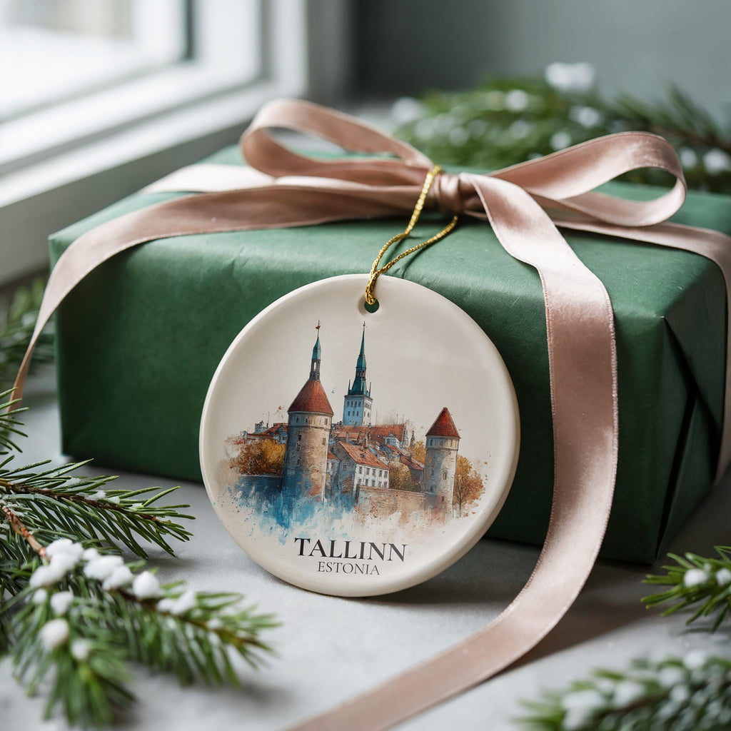 Tallinn Estonia Personalized Watercolor Ornament, Custom Ceramic Christmas gift, Travel Keepsake