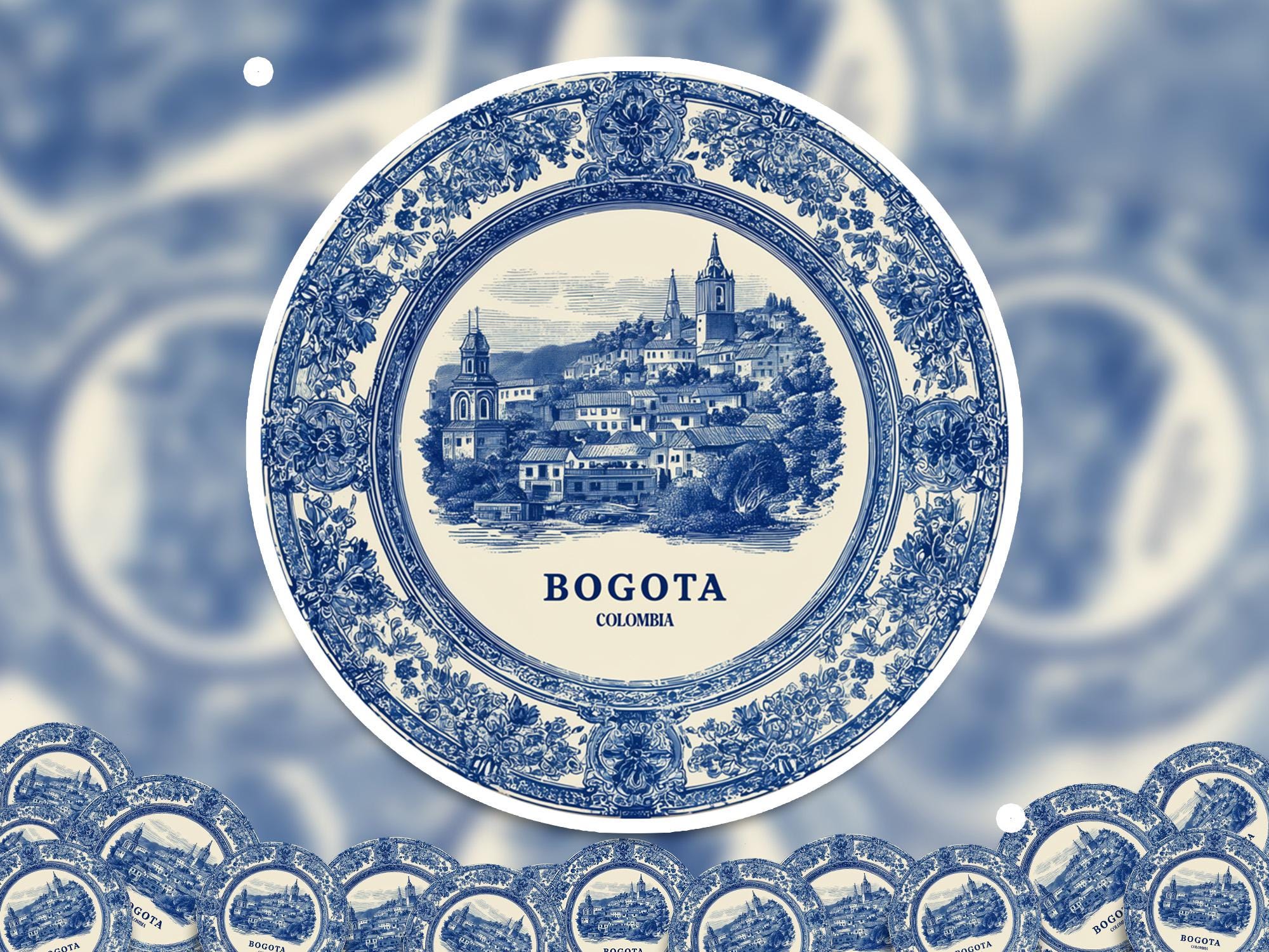Bogota Colombia Sticker Vintage Delft style, Delftware Decal Waterproof Vinyl, Blue City Travel