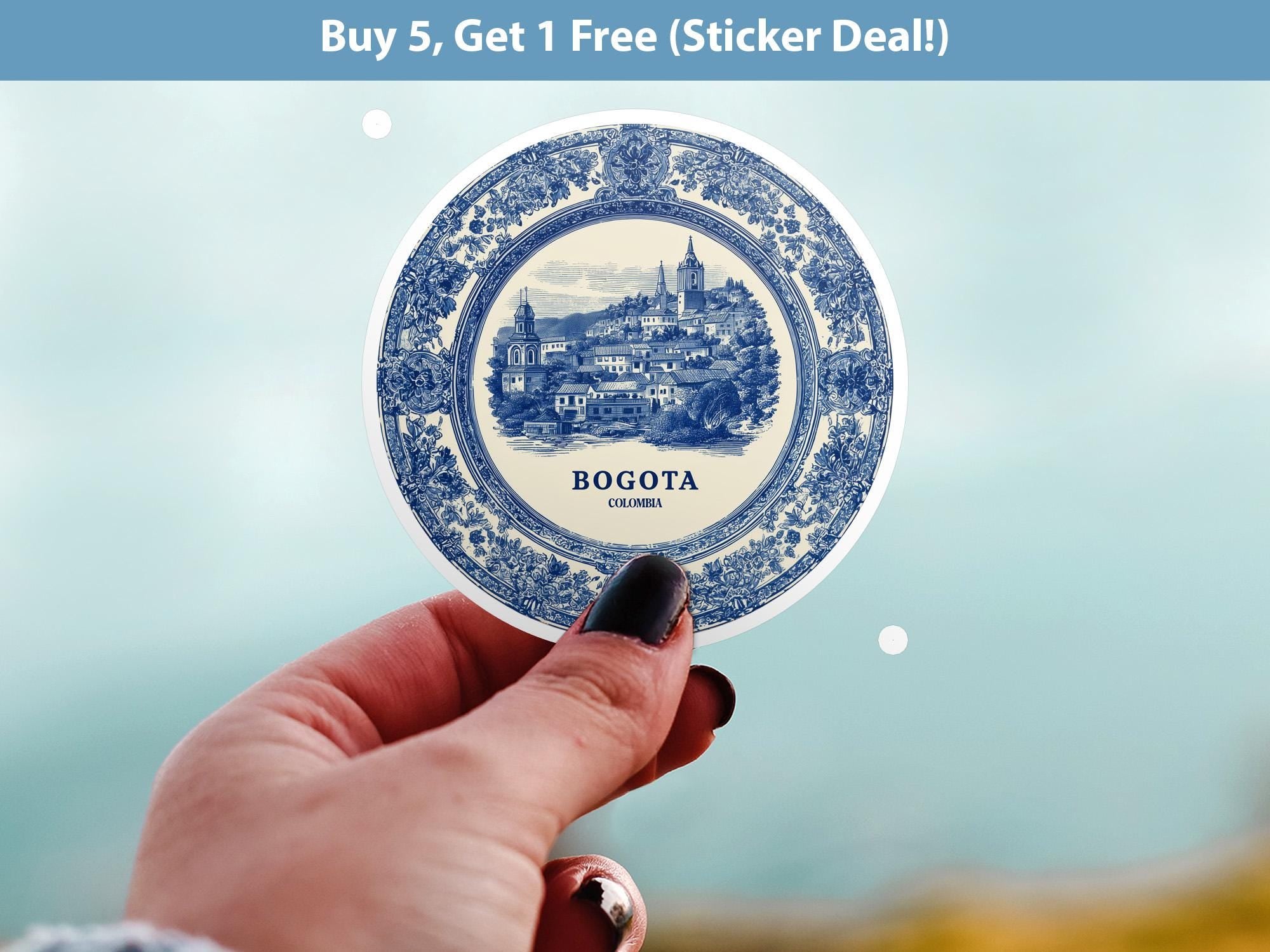 Bogota Colombia Sticker Vintage Delft style, Delftware Decal Waterproof Vinyl, Blue City Travel