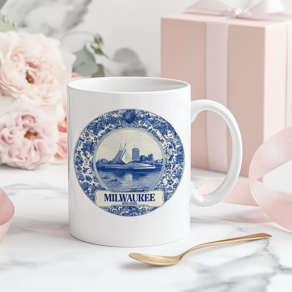 Milwaukee Wisconsin Mug, Custom Delft Style cup, Personalized Vintage Travel City Gift
