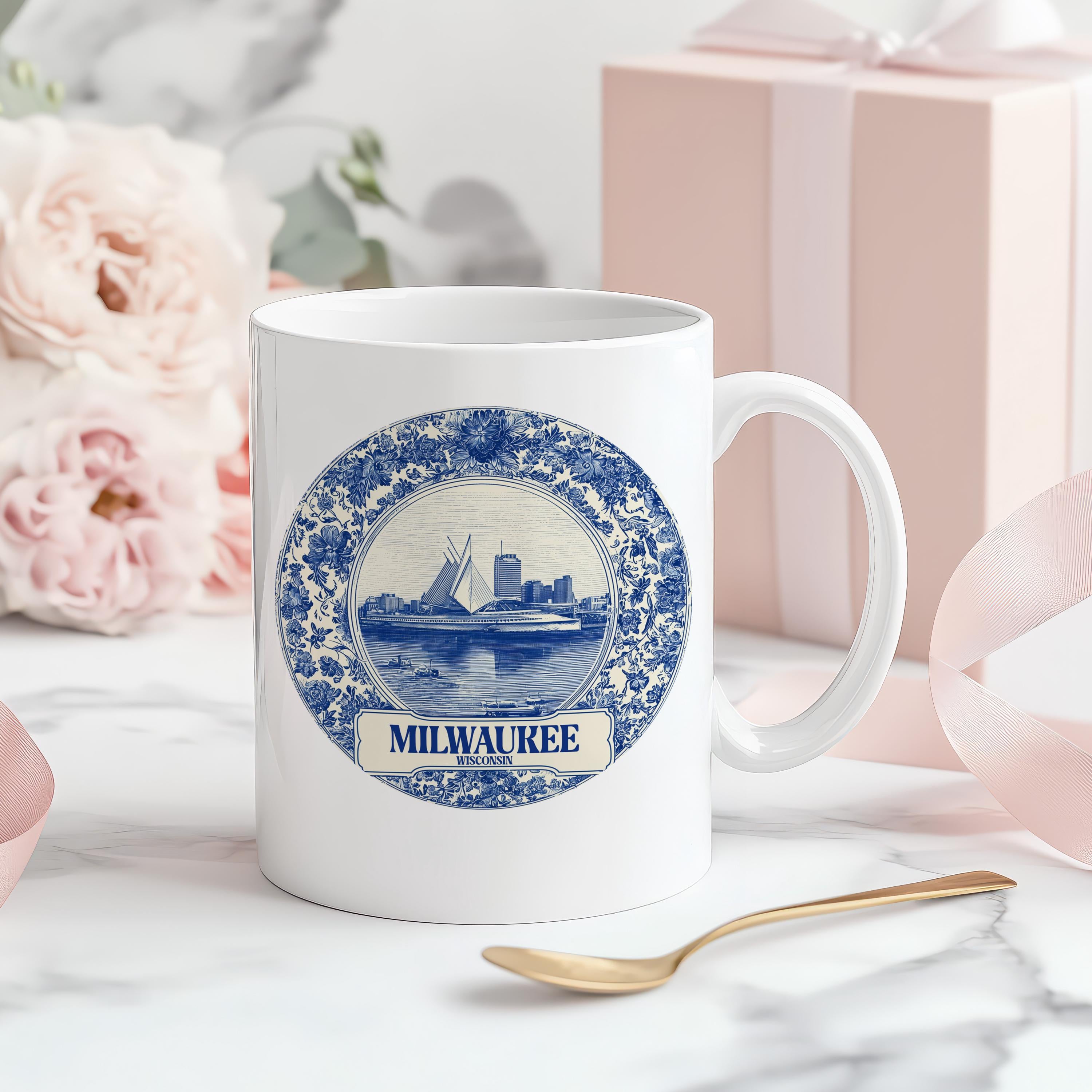 Milwaukee Wisconsin Mug, Custom Delft Style cup, Personalized Vintage Travel City Gift