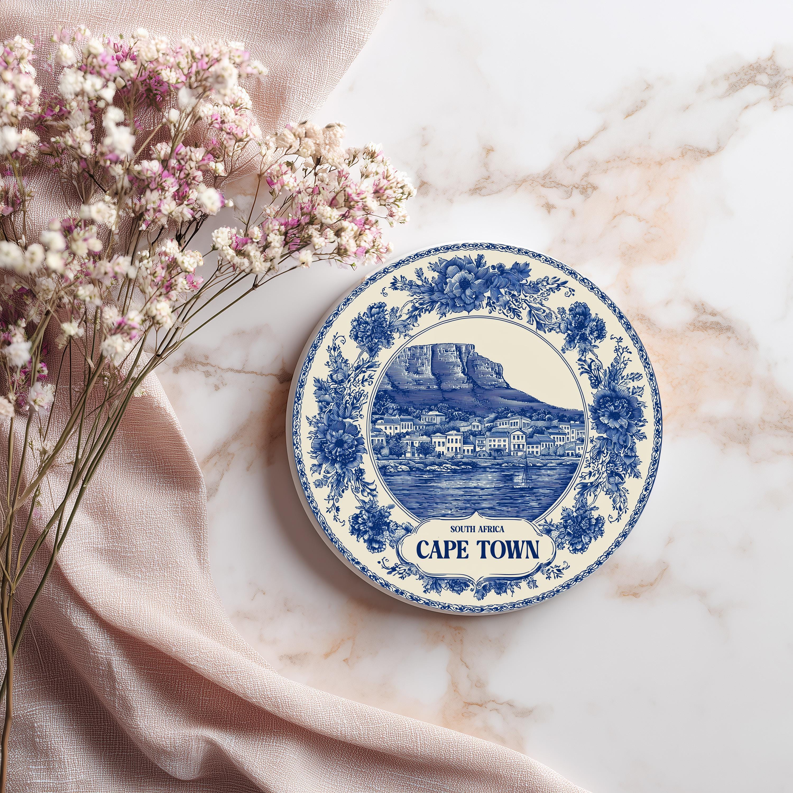 Cape Town South Africa Delftware Ceramic Coaster, Blue White Travel Gift, Vintage Home Decor Collectible