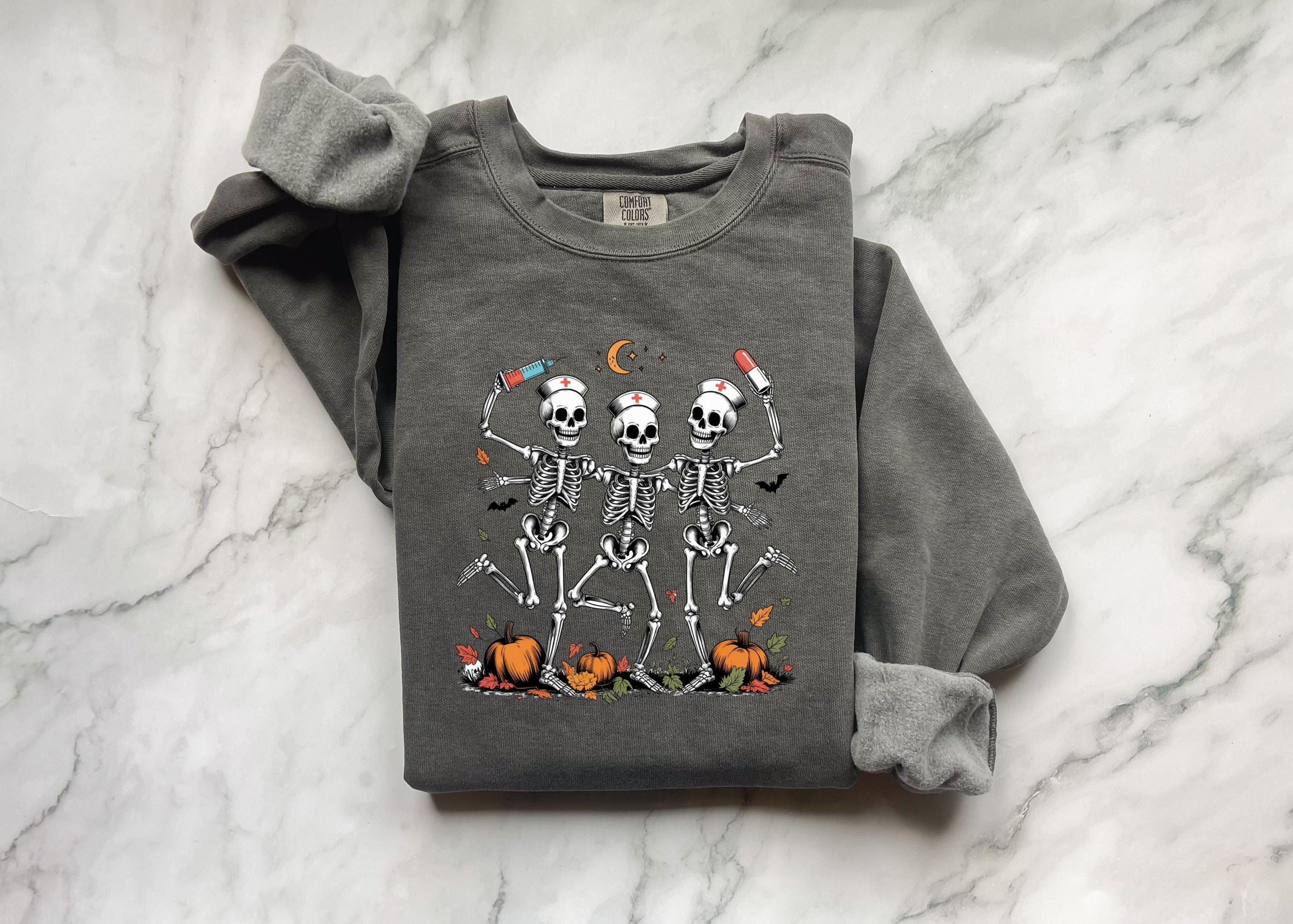 Dancing Skeleton Nurse Halloween Sweatshirt, Comfort Colors Fall Pullover, Spooky RN Crewneck, Funny Nurse Gift for Halloween