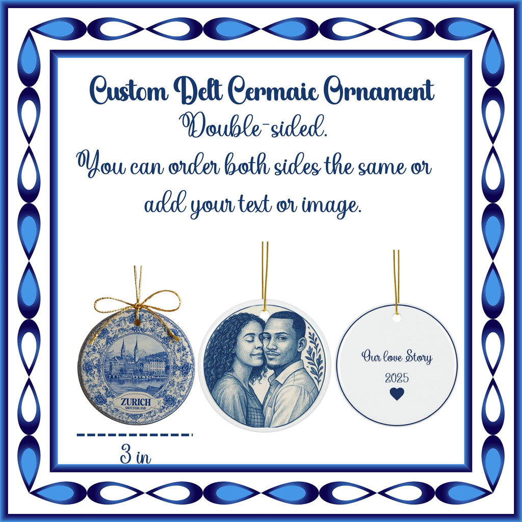 Custom Baltimore Maryland Ceramic Delft Ornament, Christmas Delftware Blue Delftware city travel
