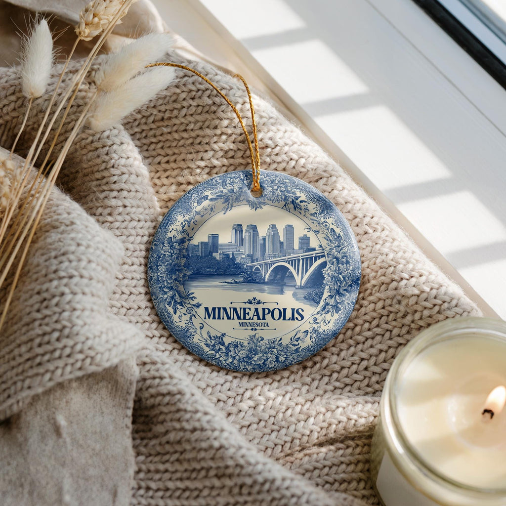 Custom Minneapolis Minnesota Ceramic Delft Ornament, Christmas Delftware Blue Delftware city travel