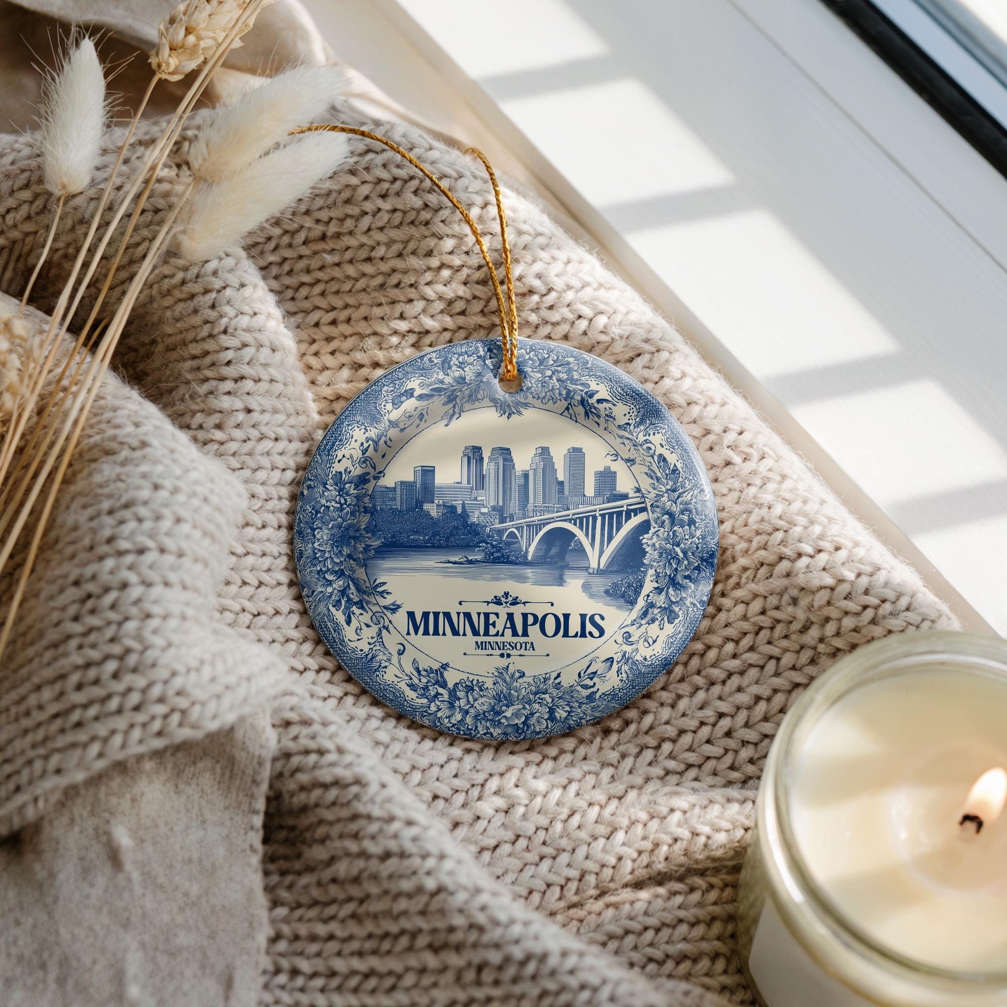 Custom Minneapolis Minnesota Ceramic Delft Ornament, Christmas Delftware Blue Delftware city travel