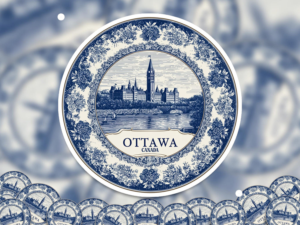 Ottawa Canada Sticker Vintage Delft style, Delftware Decal Waterproof Vinyl, Blue City Travel