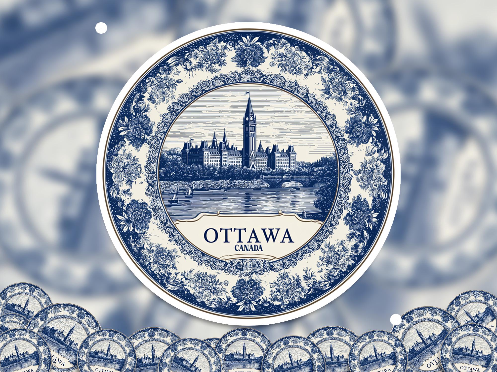 Ottawa Canada Sticker Vintage Delft style, Delftware Decal Waterproof Vinyl, Blue City Travel