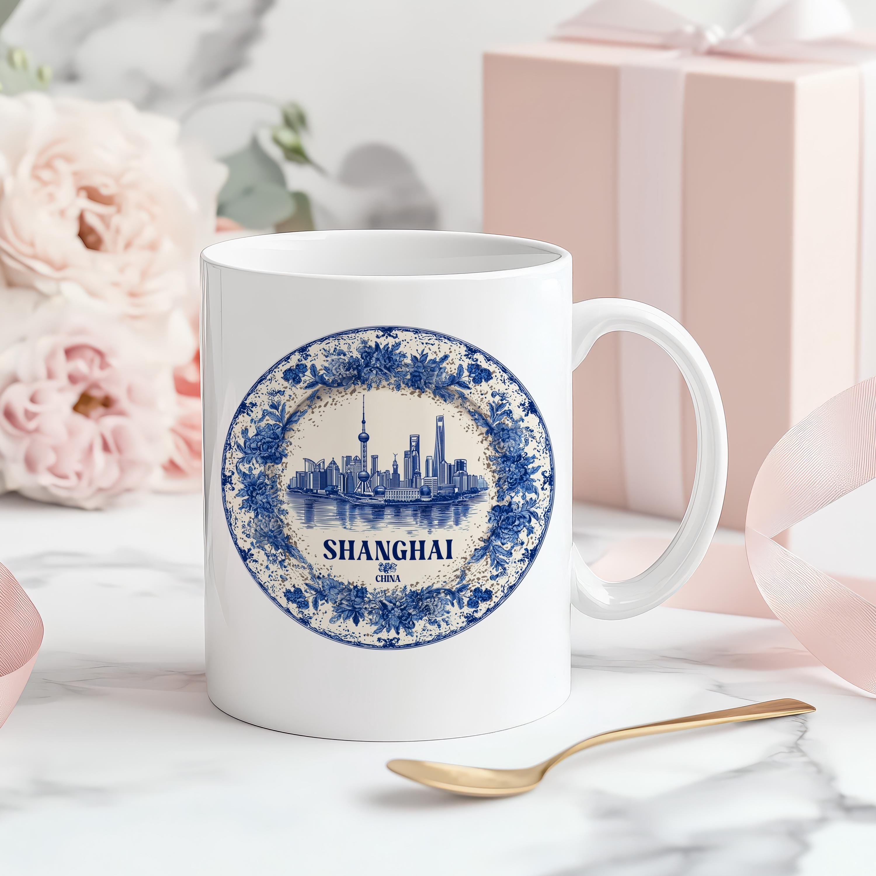 Shanghai China Mug, Custom Delft Style cup, Personalized Vintage Travel City Gift