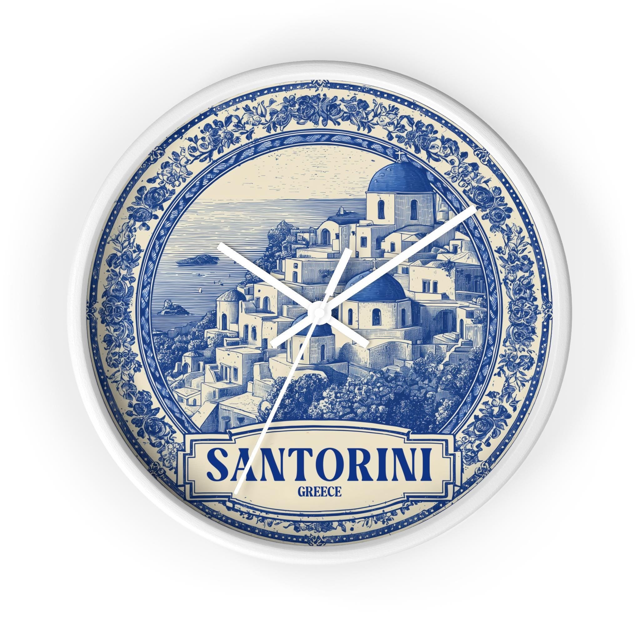 Santorini Greece Wall Clock, Delf style Home Decor, Vintage City Travel Keepsake Art