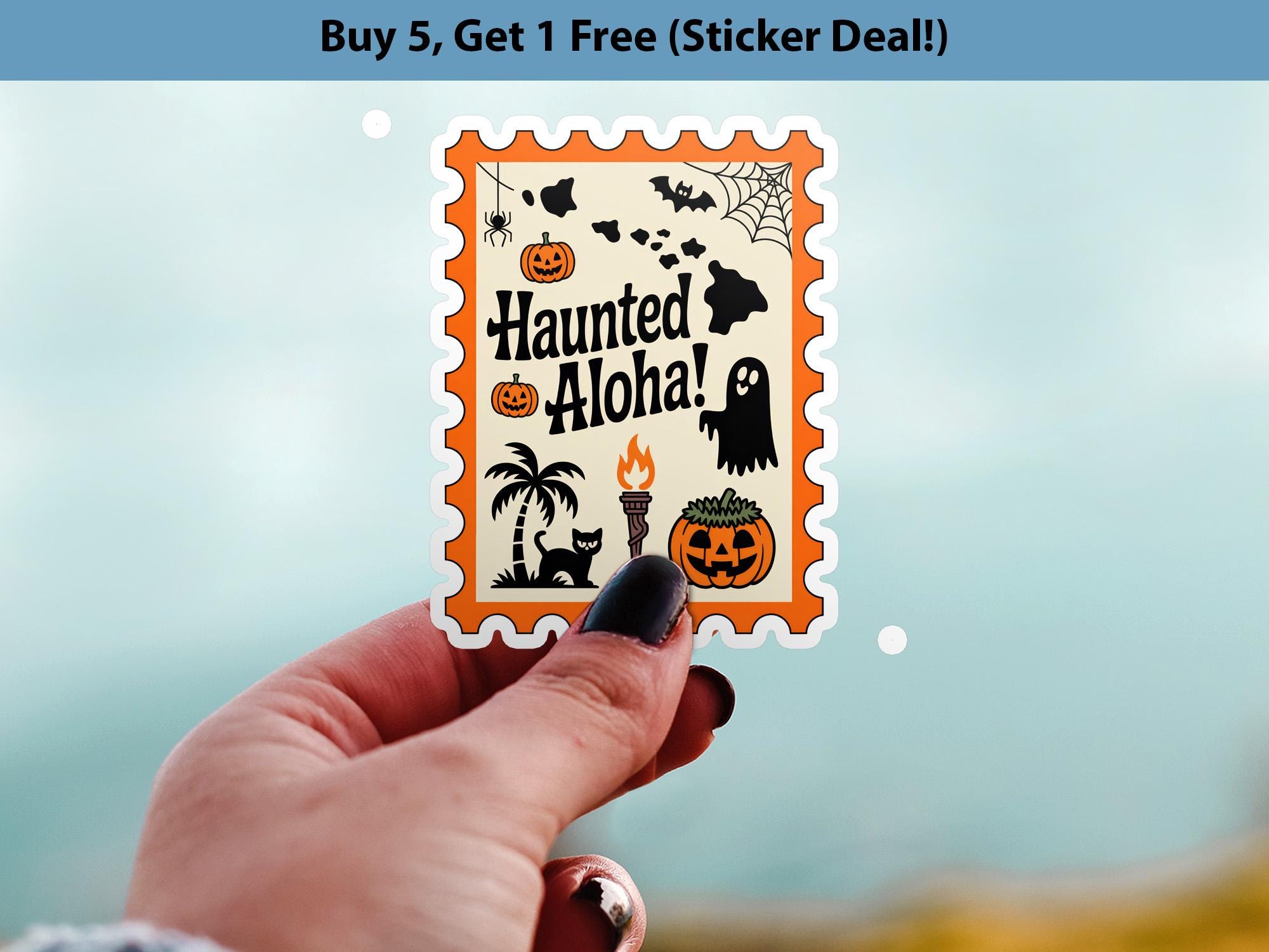 Hawaii Stamp Halloween Sticker, Spooky USA Kiss-Cut Vinyl, Waterproof Decal, United States Travel