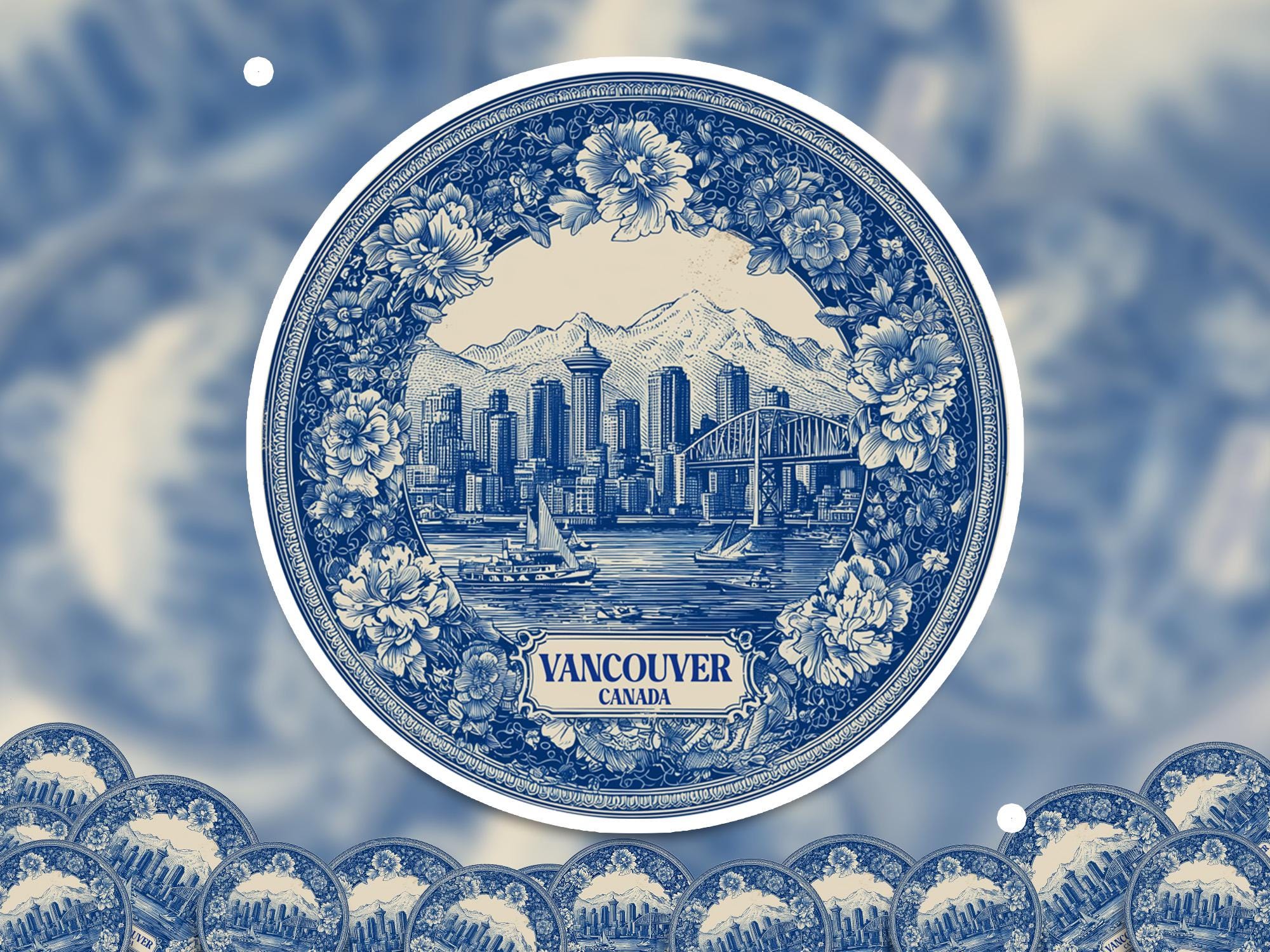 Vancouver Canada Sticker Vintage Delft style, Delftware Decal Waterproof Vinyl, Blue City Travel