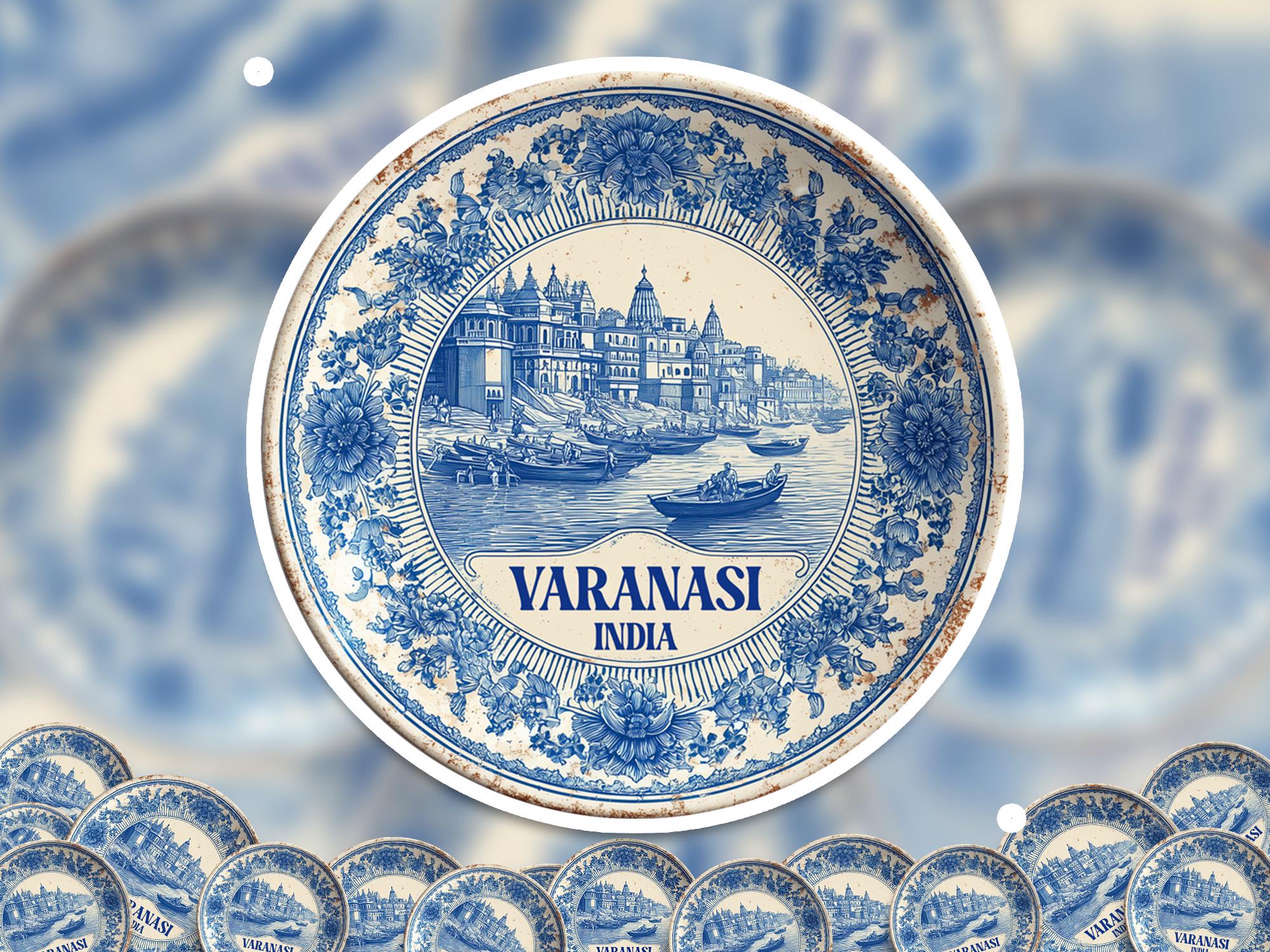 Varanasi India Sticker Vintage Delft style, Delftware Decal Waterproof Vinyl, Blue City Travel