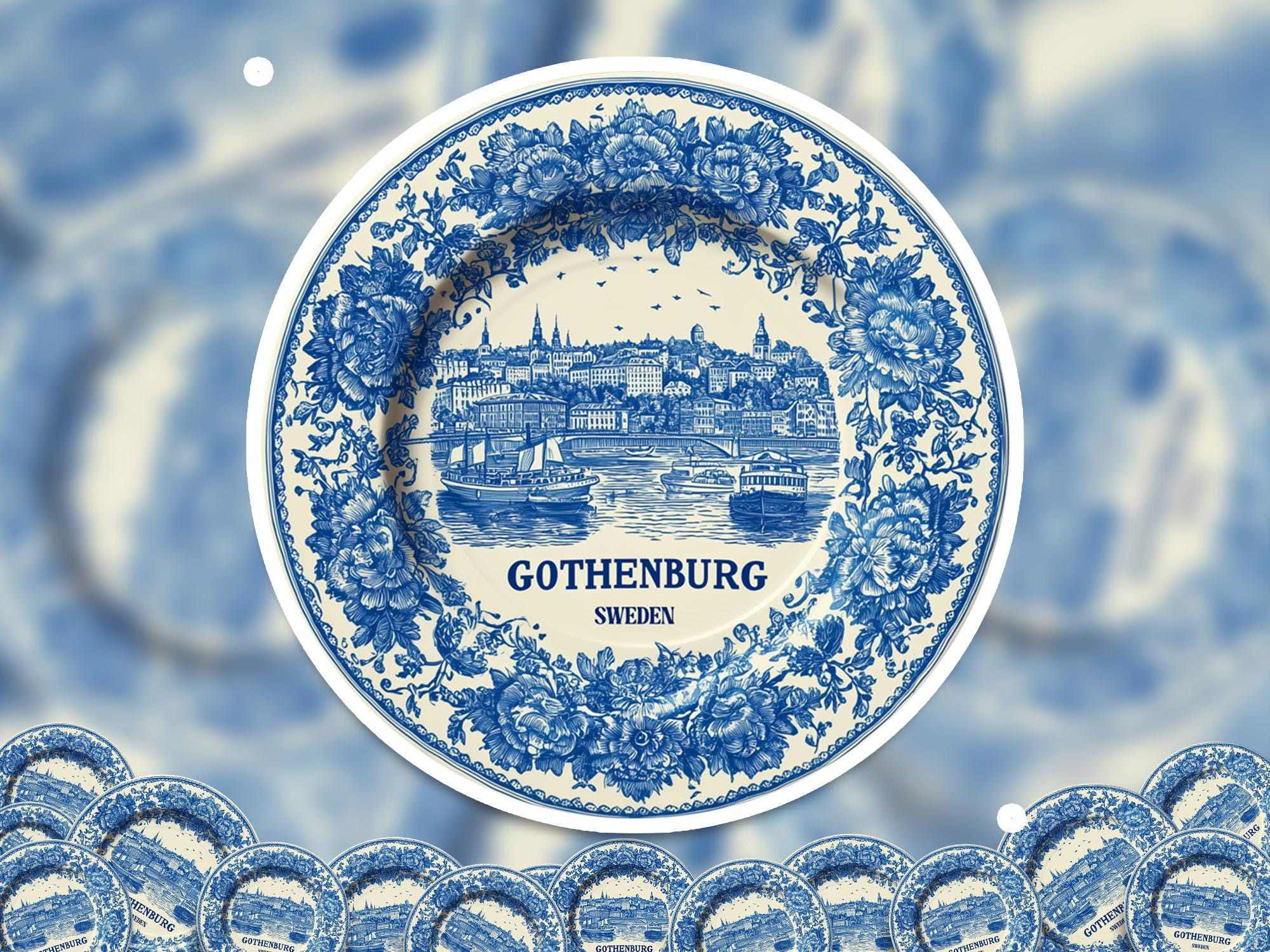 Gothenburg Sweden Sticker Vintage Delft style, Delftware Decal Waterproof Vinyl, Blue City Travel