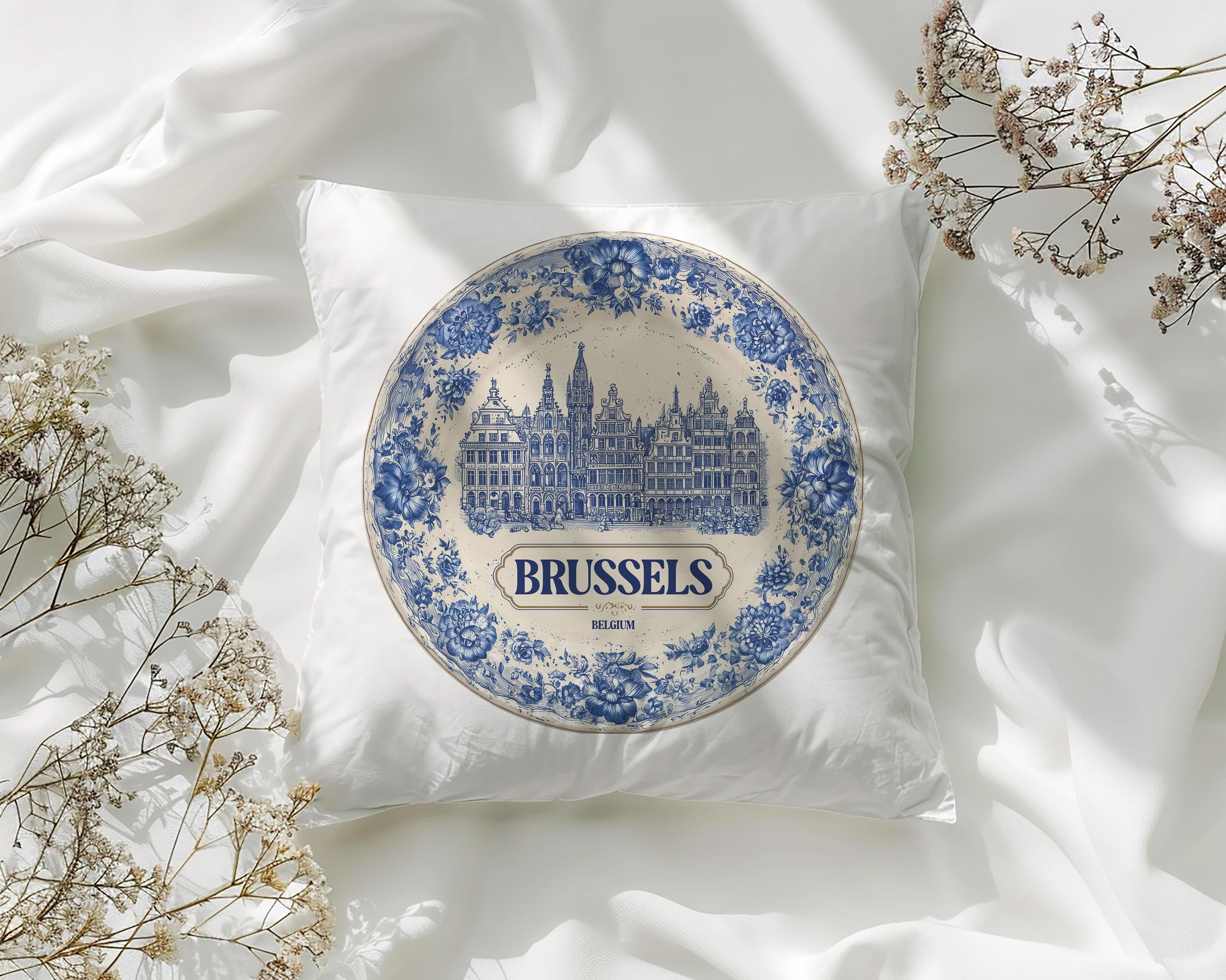 Brussels Belgium Pillowcase, Delft Style Decorative Throw Pillow, Vintage Cityscape Retro Home Decor