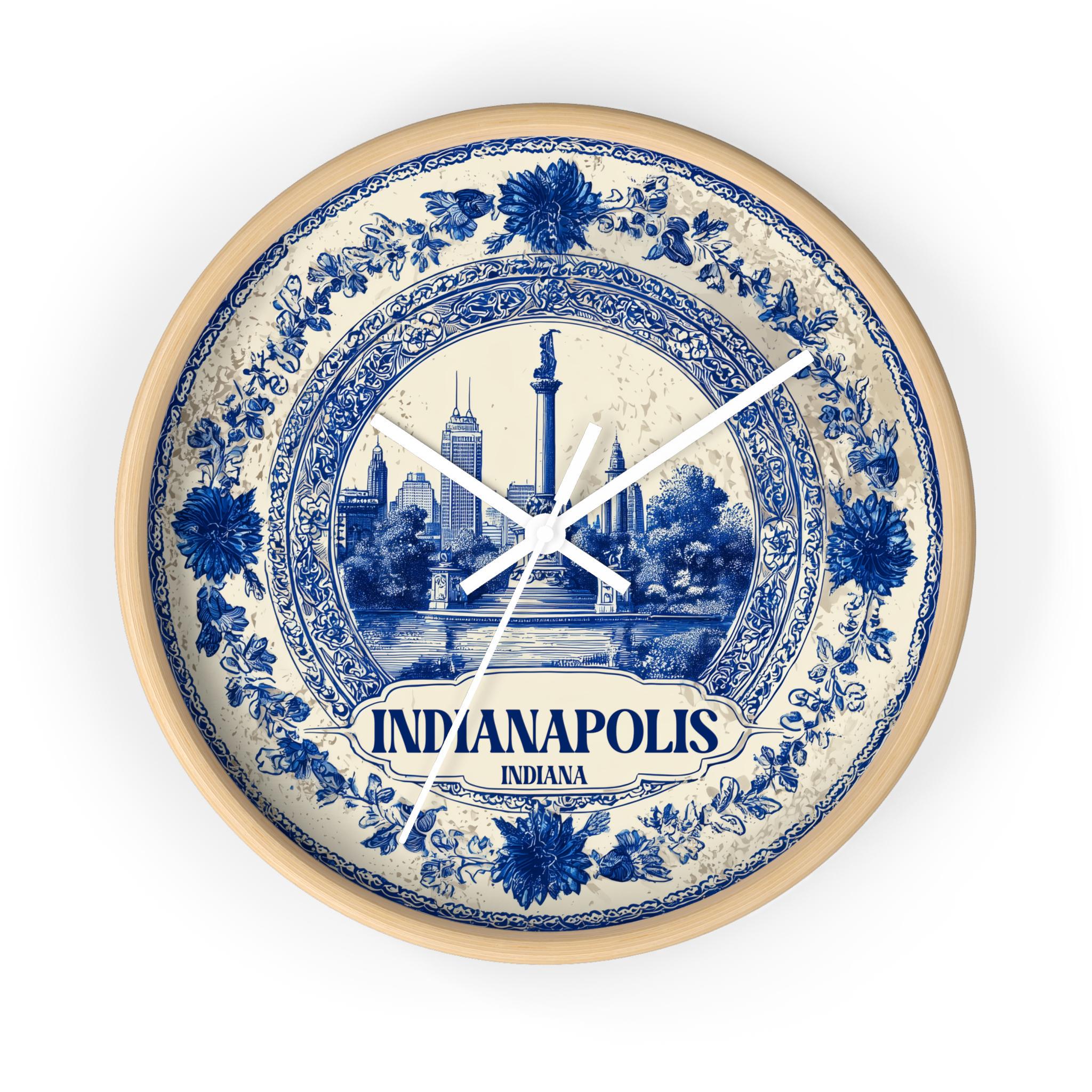 Indianapolis Indiana Wall Clock, Delf style Home Decor, Vintage City Travel Keepsake Art