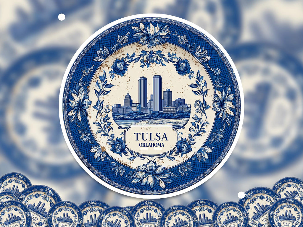 Tulsa Oklahoma Sticker Vintage Delft style, Delftware Decal Waterproof Vinyl, Blue City Travel USA