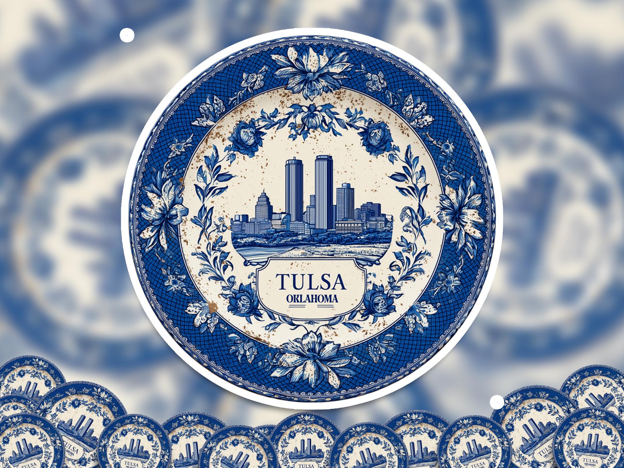 Tulsa Oklahoma Sticker Vintage Delft style, Delftware Decal Waterproof Vinyl, Blue City Travel USA