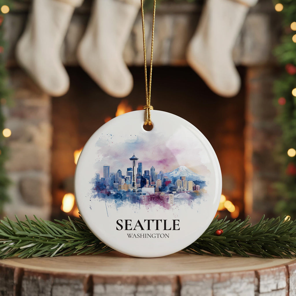 Seattle Washington Personalized Watercolor Ornament, Custom Ceramic Christmas gift, Travel Keepsake