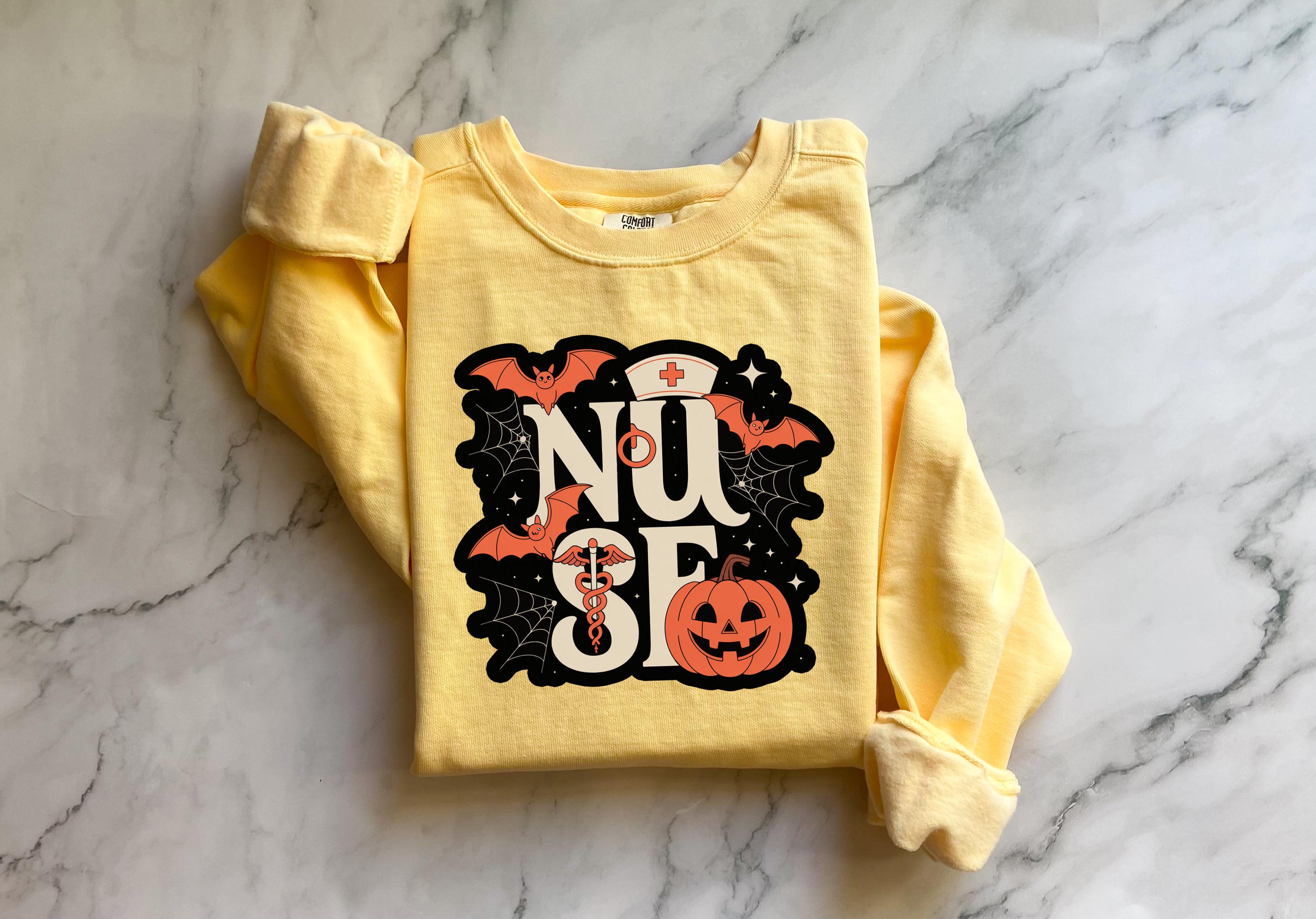 Halloween Nurse Comfort Colors Sweatshirt, Spooky RN Crewneck Pullover, Pumpkin Bat Ghost Print, Fall Nurse Gift Outfit