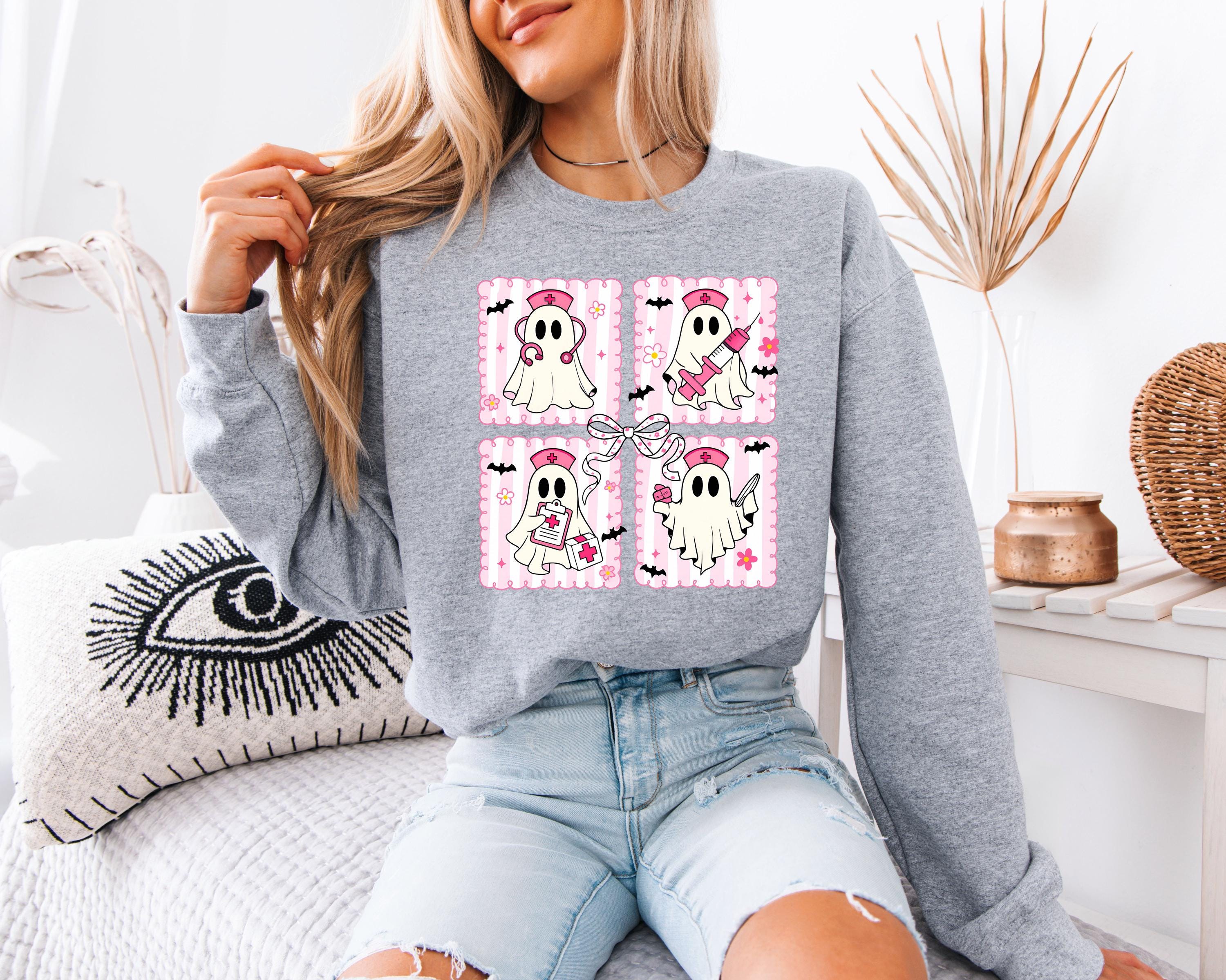 Cute Nurse Halloween Sweatshirt Pink ghost, Halloween Gift for Nurse Medical Lab, Nurse Spooky , Nurse Halloween Boo Boo Crew