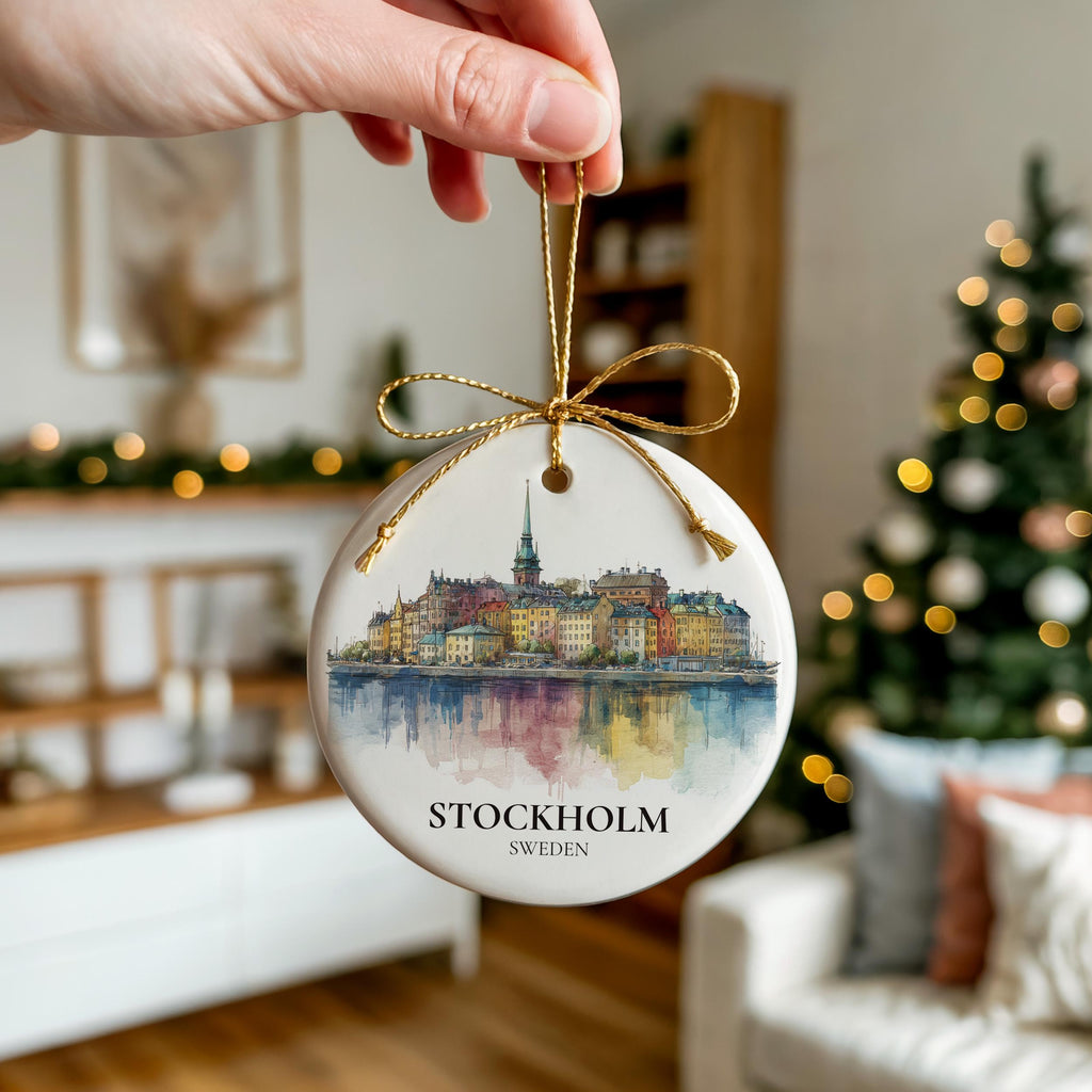 Stockholm Sweden Personalized Watercolor Ornament, Custom Ceramic Christmas gift, Travel Keepsake