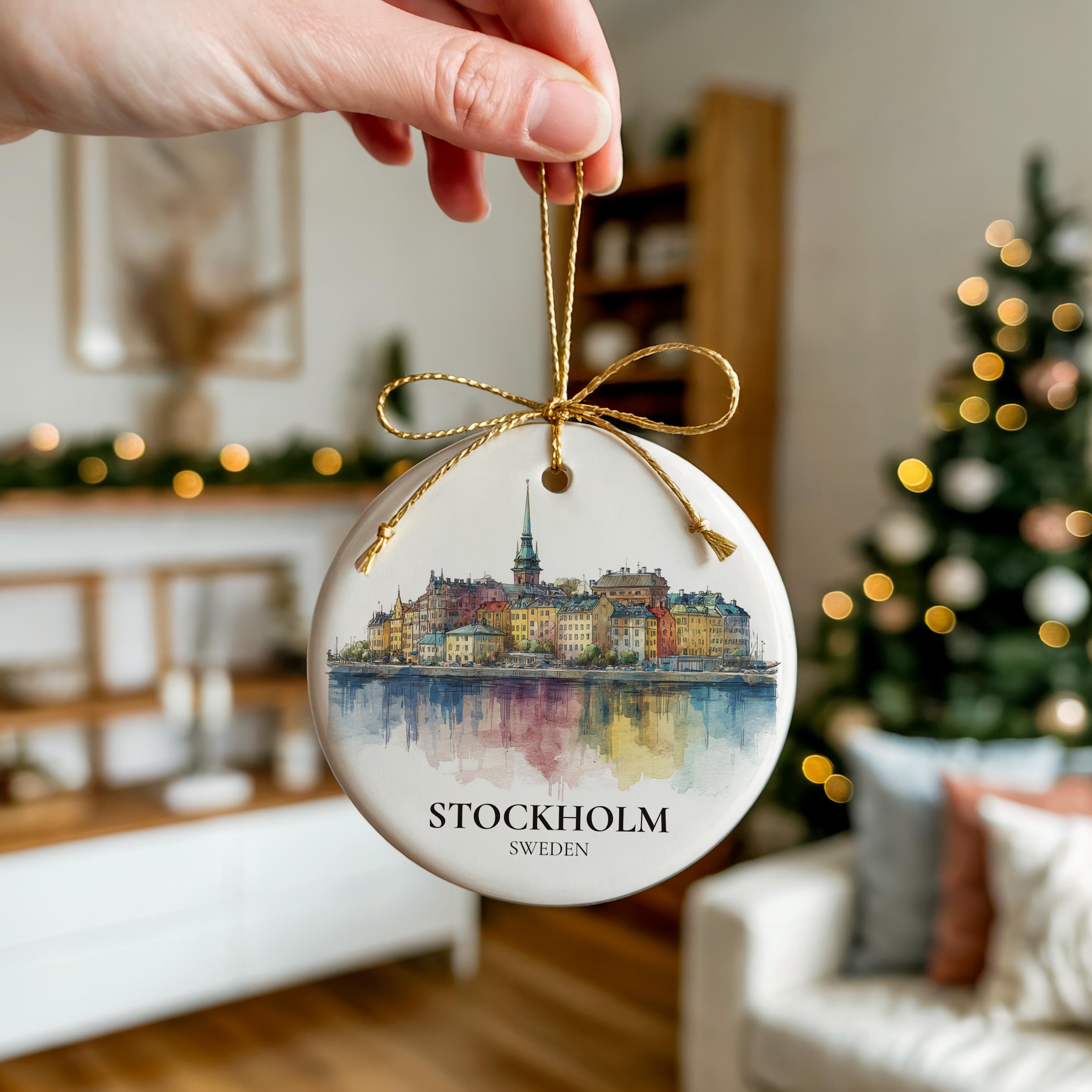 Stockholm Sweden Personalized Watercolor Ornament, Custom Ceramic Christmas gift, Travel Keepsake