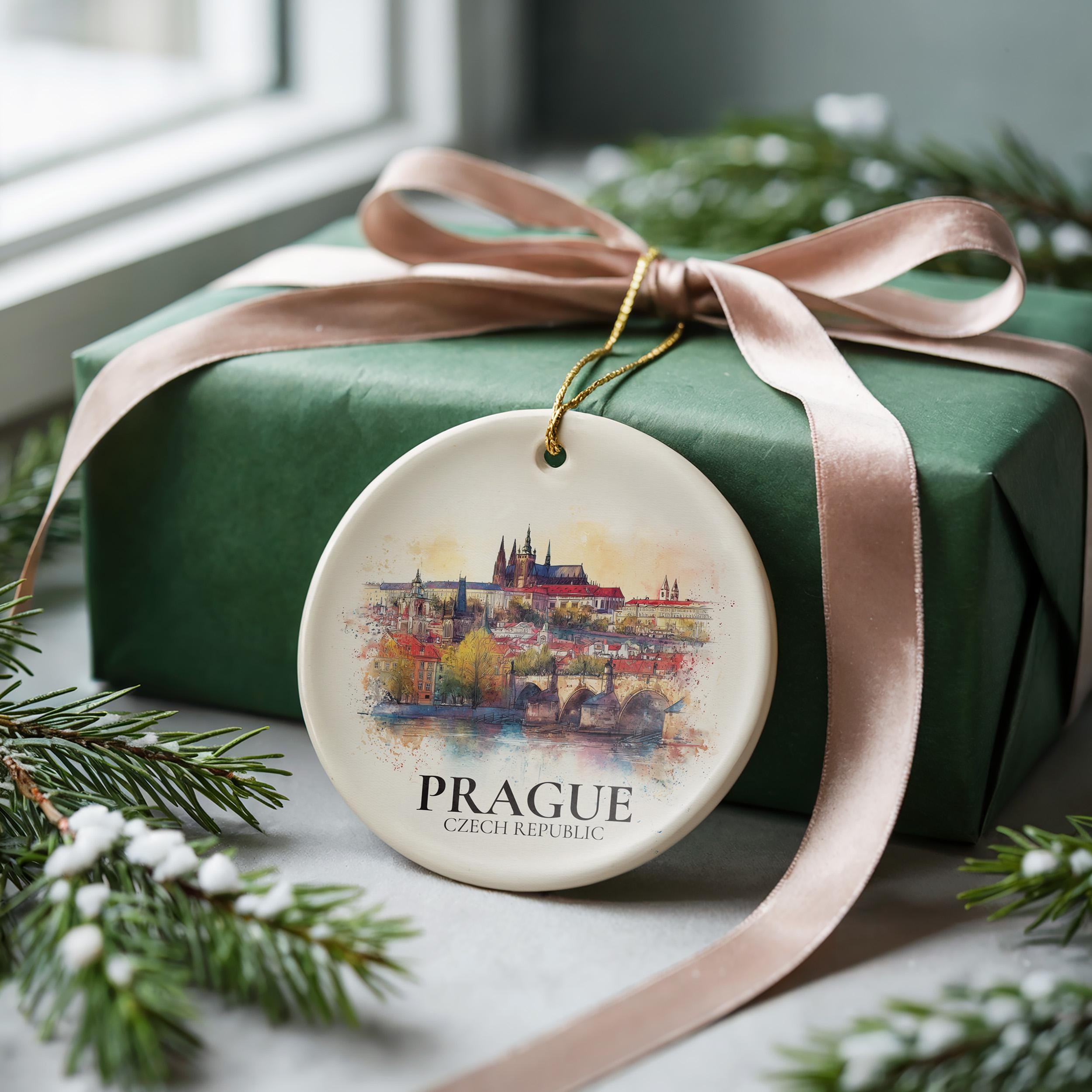Prague Czech Republic Personalized Watercolor Ornament, Custom Ceramic Christmas gift, Travel Keepsake