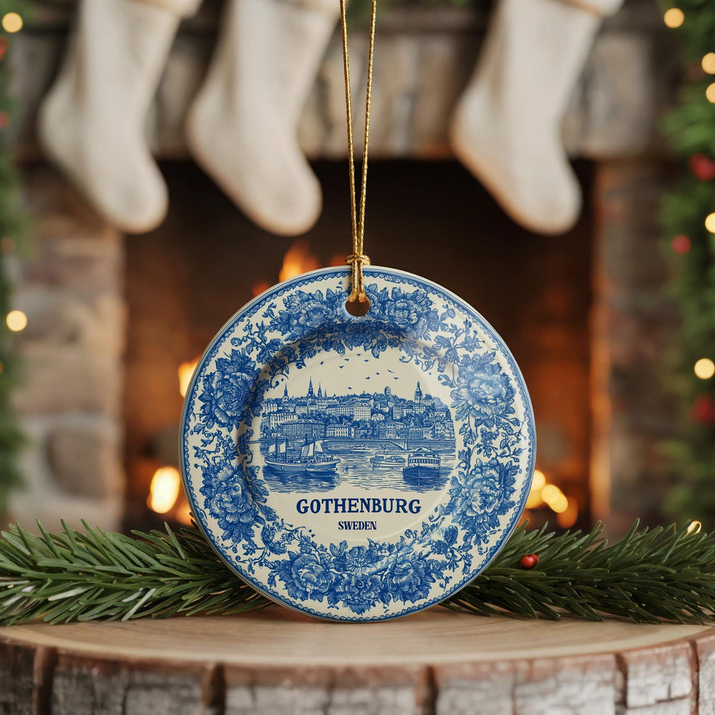 Custom Gothenburg Sweden Ceramic Delft Ornament, Christmas Delftware Blue Delftware city travel