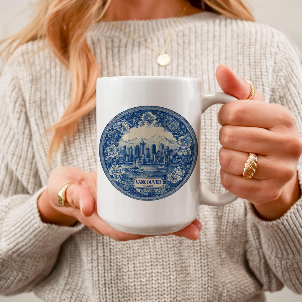 Vancouver Canada Mug, Custom Delft Style cup, Personalized Vintage Travel City Gift