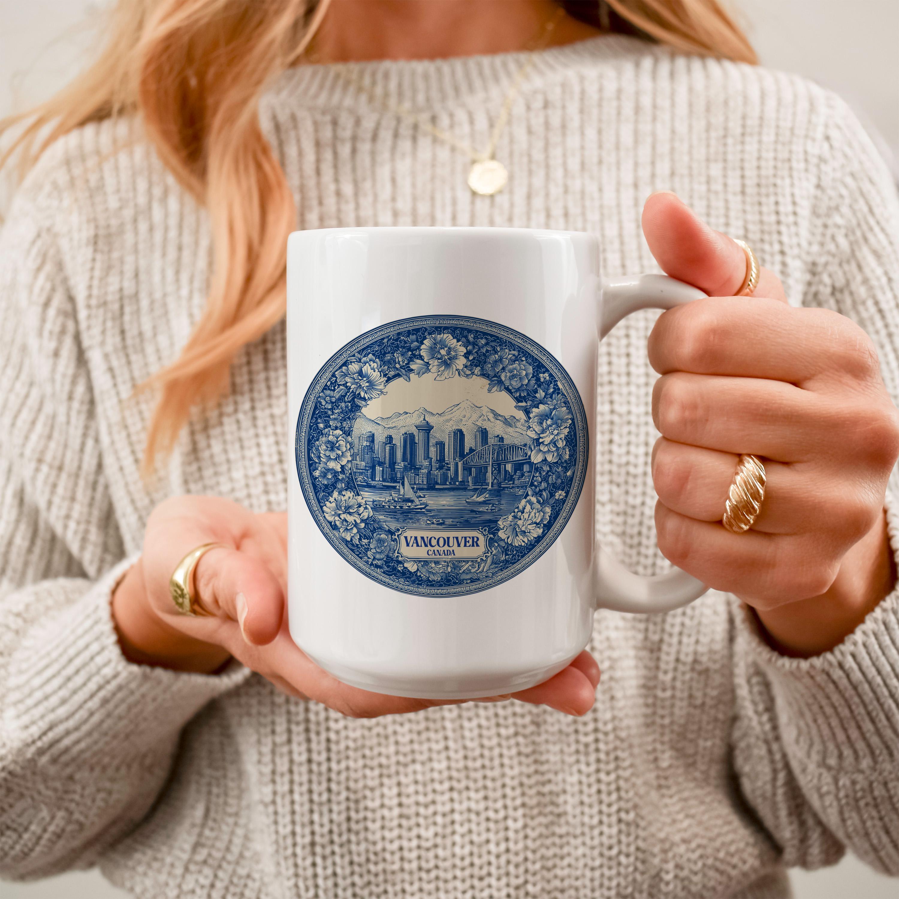 Vancouver Canada Mug, Custom Delft Style cup, Personalized Vintage Travel City Gift