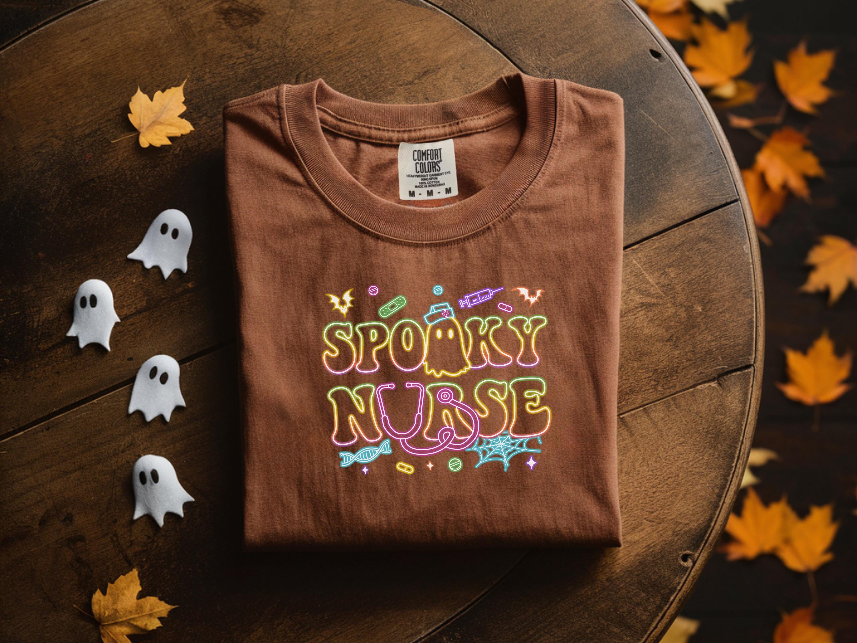 Spooky Nurse Halloween Shirt, Cute Ghost Fall Top with Flowers, Cozy Autumn Pullover, Funny Retro Spooky Season Apparel, Gift for Her