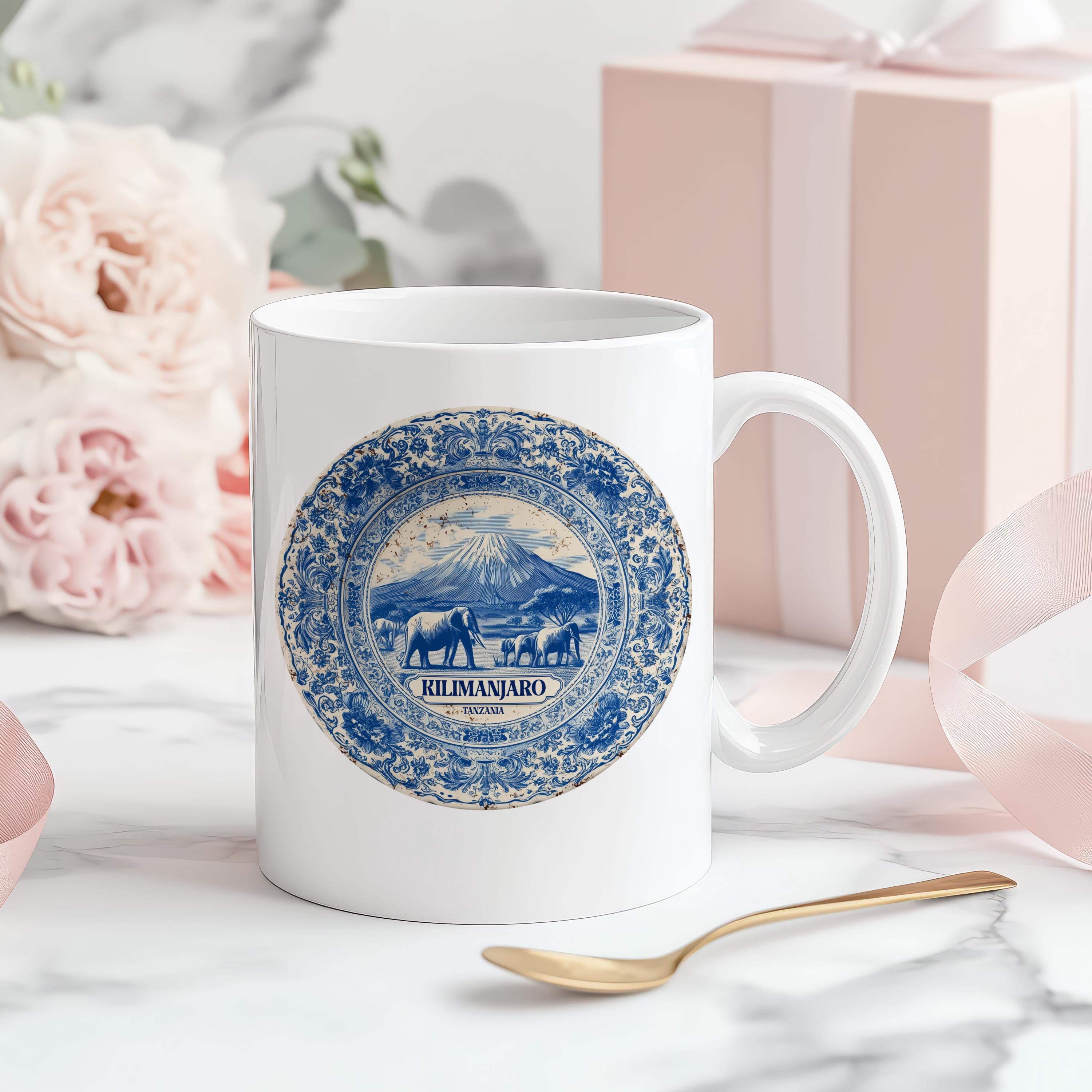 Kilimanjaro Tanzania Mug, Custom Delft Style cup, Personalized Vintage Travel City Gift
