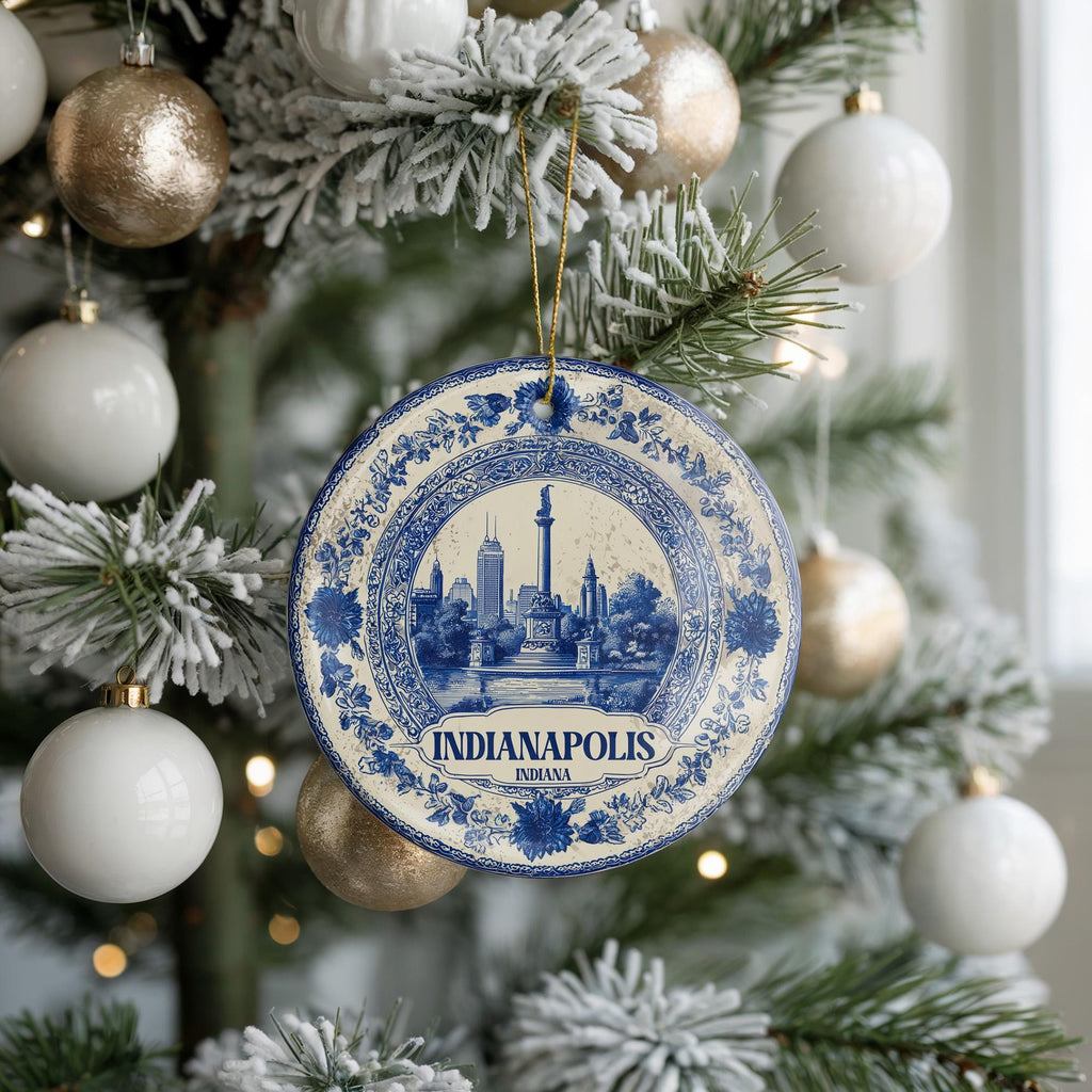 Custom Indianapolis Indiana Ceramic Delft Ornament, Christmas Delftware Blue Delftware city travel