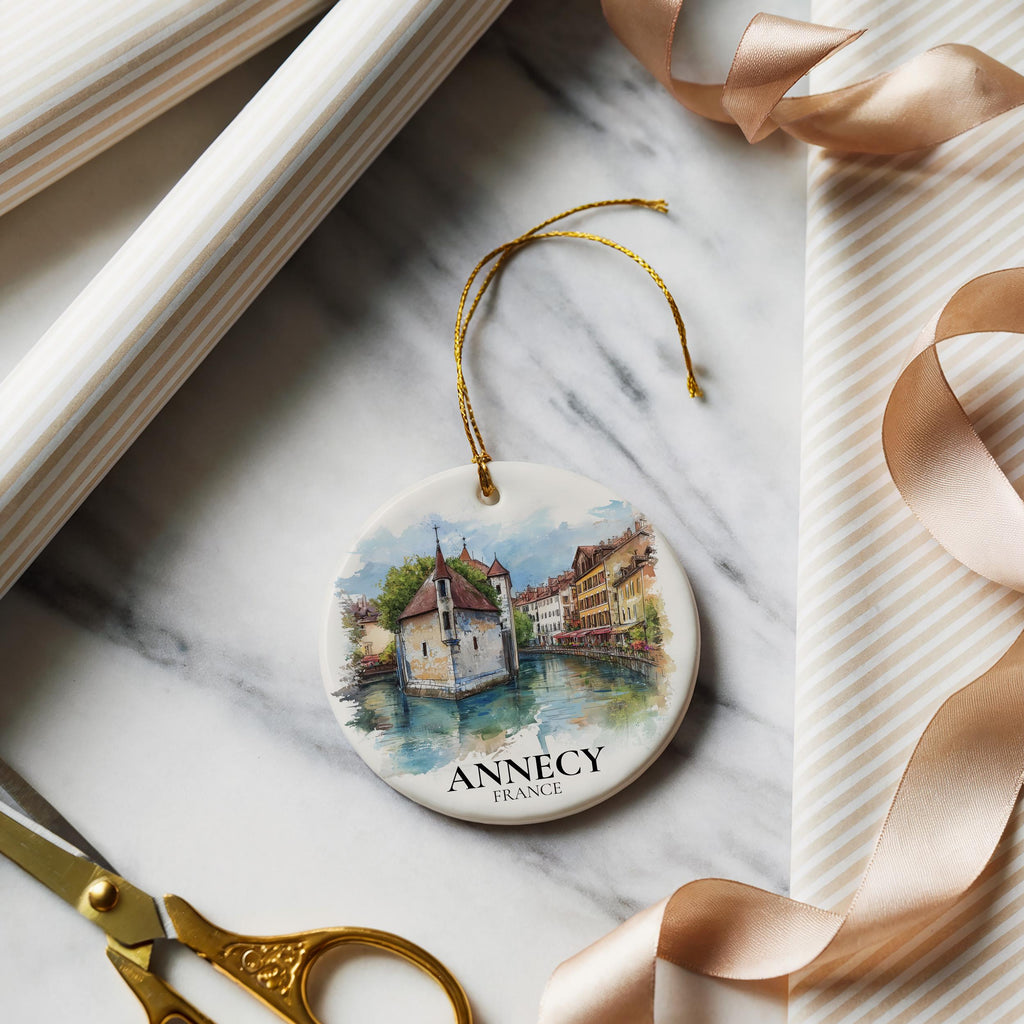 Annecy France Personalized Watercolor Ornament, Custom Ceramic Christmas gift, Travel Keepsake