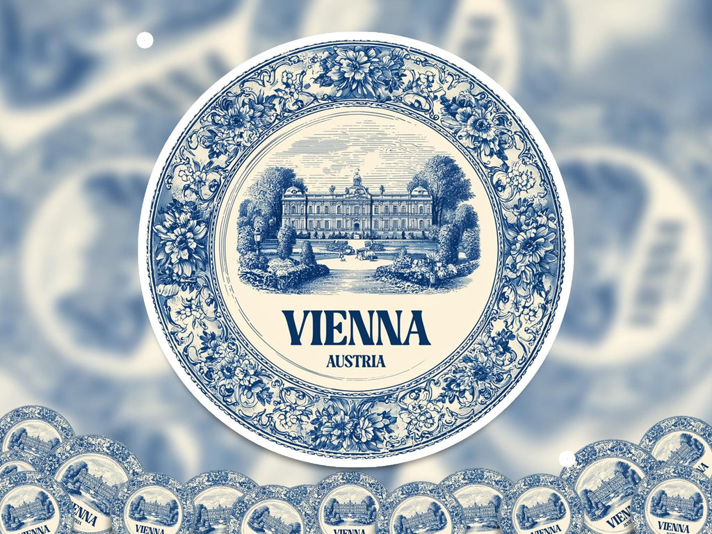 Vienna Austria Sticker Vintage Delft style, Delftware Decal Waterproof Vinyl, Blue City Travel