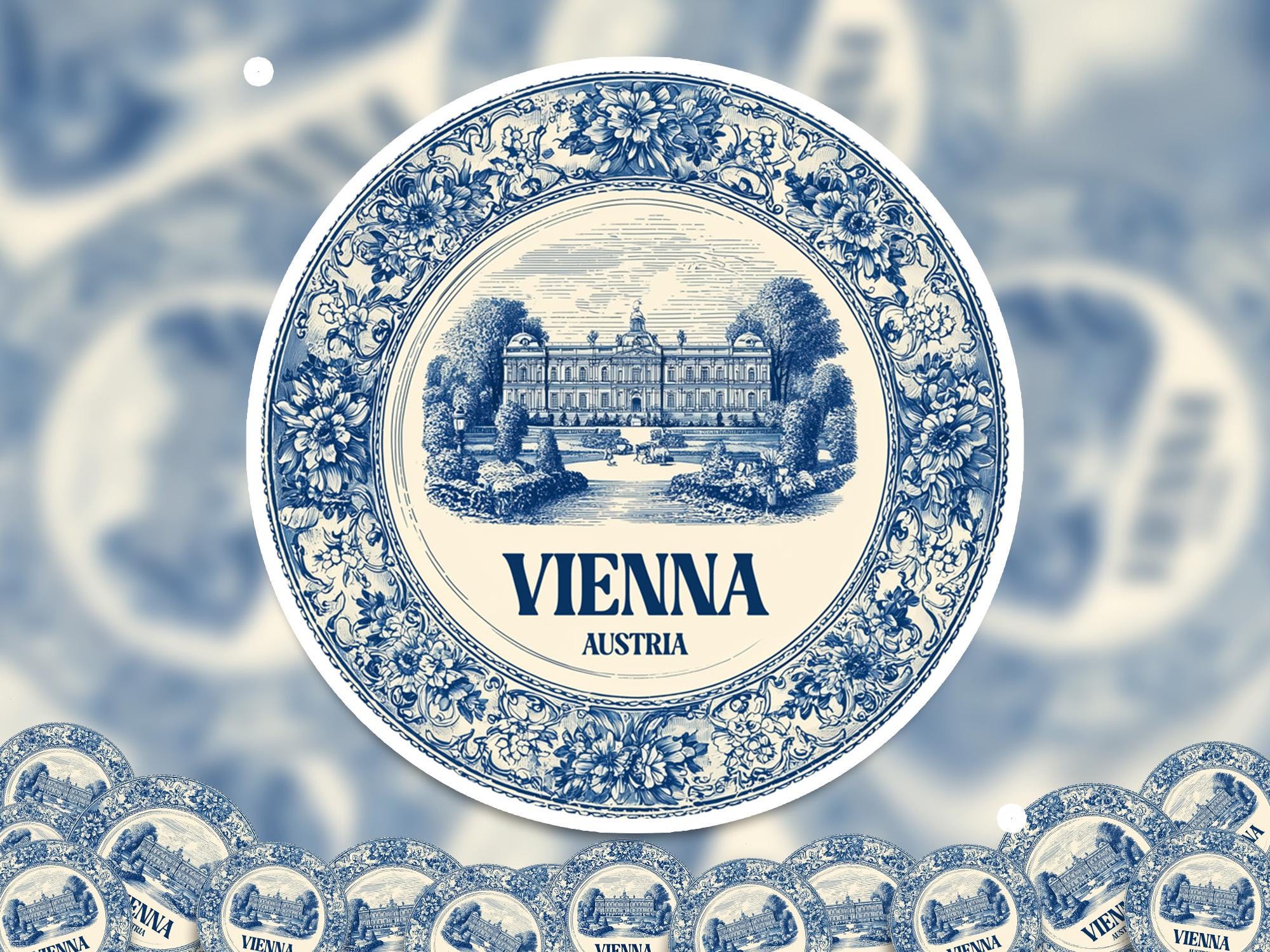 Vienna Austria Sticker Vintage Delft style, Delftware Decal Waterproof Vinyl, Blue City Travel