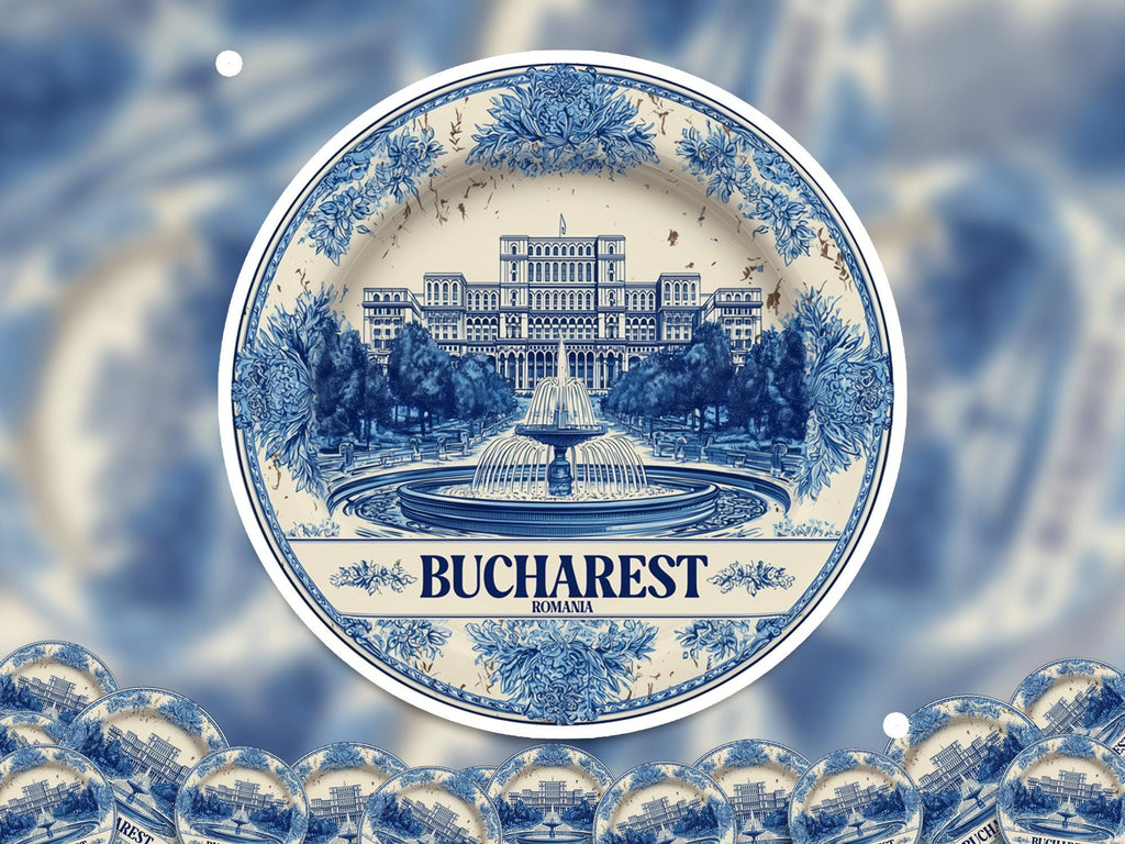 Bucharest Romania Sticker Vintage Delft style, Delftware Decal Waterproof Vinyl, Blue City Travel