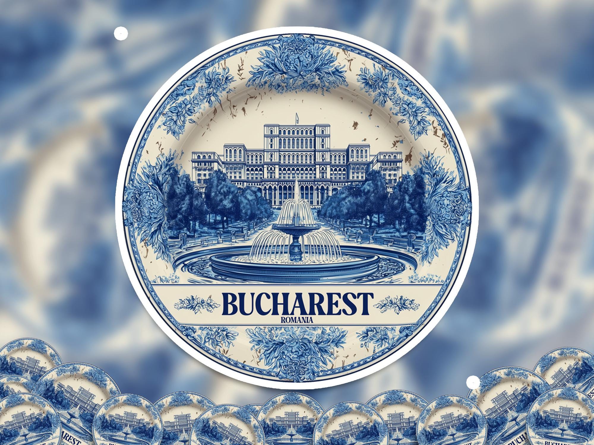 Bucharest Romania Sticker Vintage Delft style, Delftware Decal Waterproof Vinyl, Blue City Travel