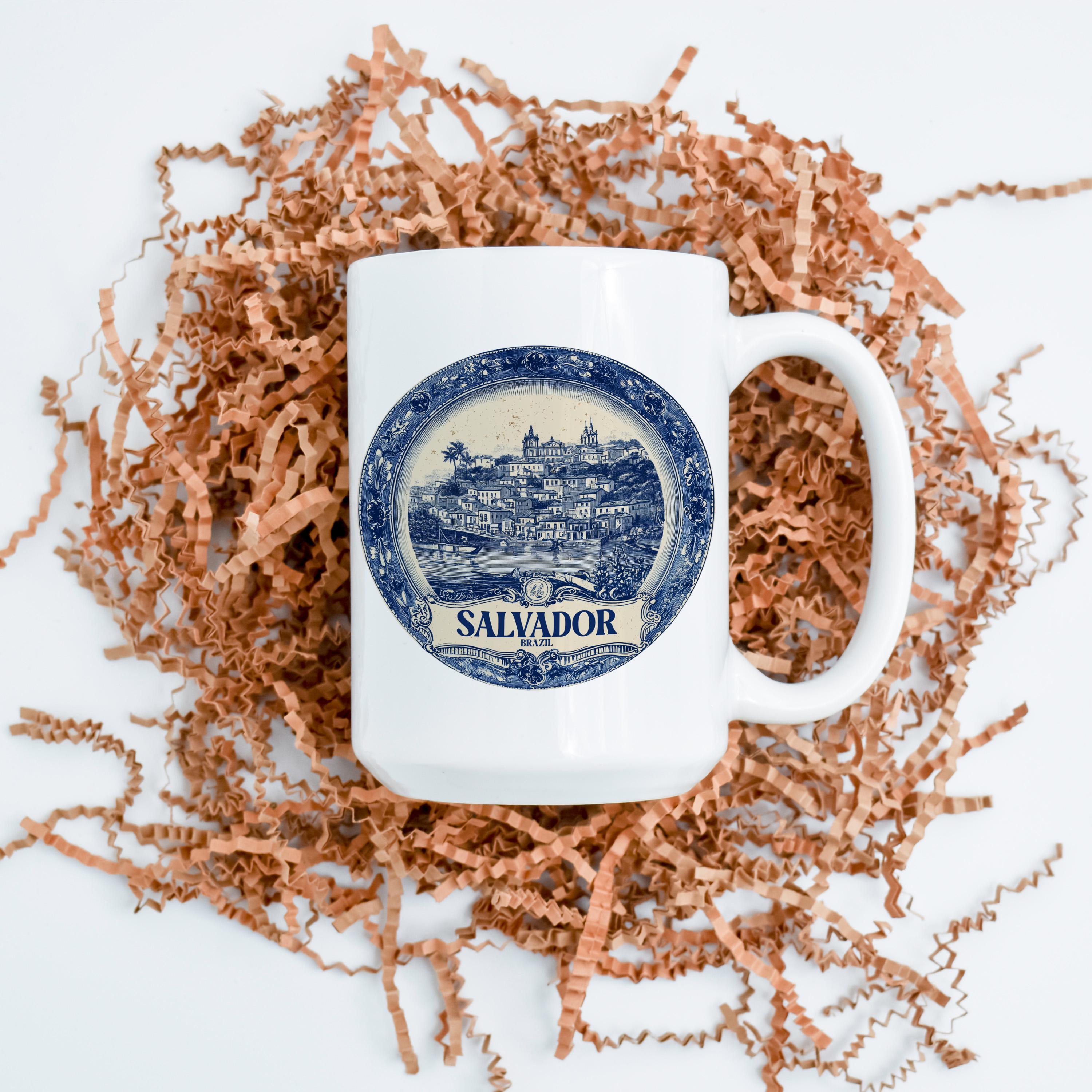 Salvador Brazil Mug, Custom Delft Style cup, Personalized Vintage Travel City Gift